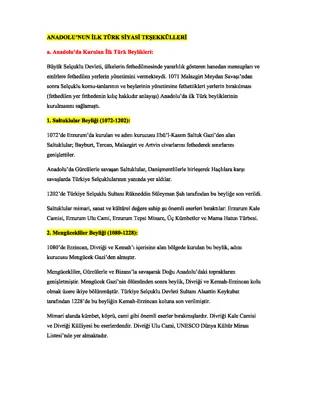 10. Sınıf Özet: Anadolu'da Kurulan İlk Türk Beylikleri ve Özellikleri