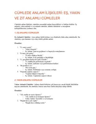 6. Sınıf Türkçe: Cümlede Anlam, Eş ve Zıt Anlamlı Kelimeler PDF