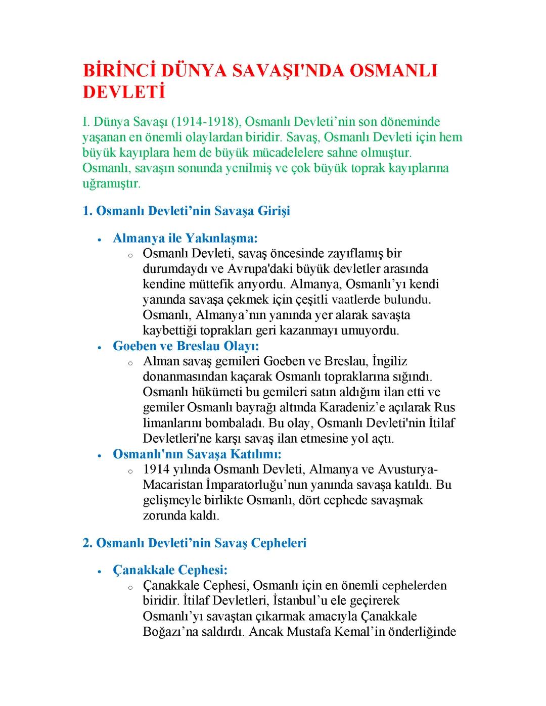 BİRİNCİ DÜNYA SAVAŞINDA OSMANLI DEVLETİ