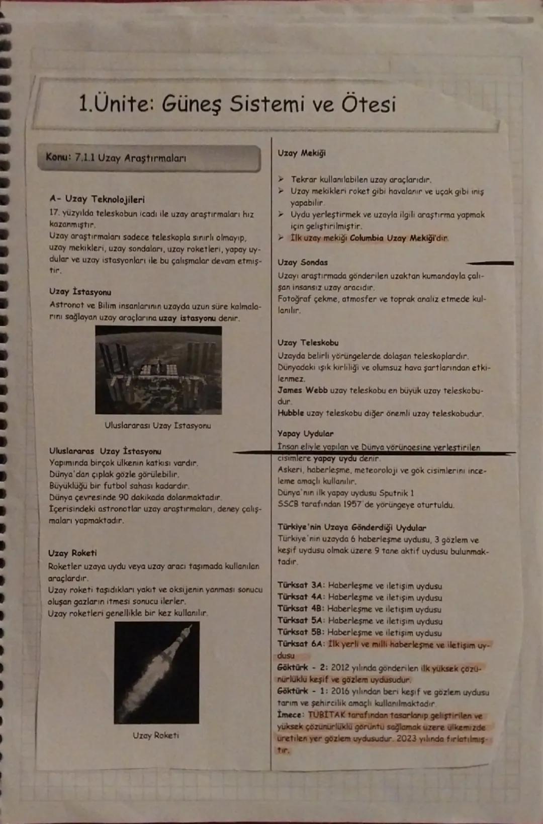 # 1.Ünite: Güneş Sistemi ve Ötesi

Konu: 7.1.1 Uzay Araştırmaları

### A- Uzay Teknolojileri
17. yüzyılda teleskobun icadı ile uzay araştırm