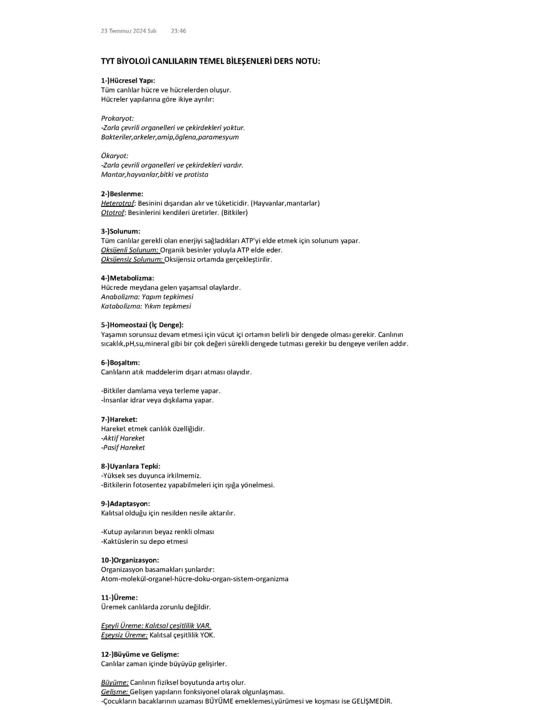 9. Sınıf Biyoloji: Canlıların Ortak Özellikleri ve PDF Ders Notları