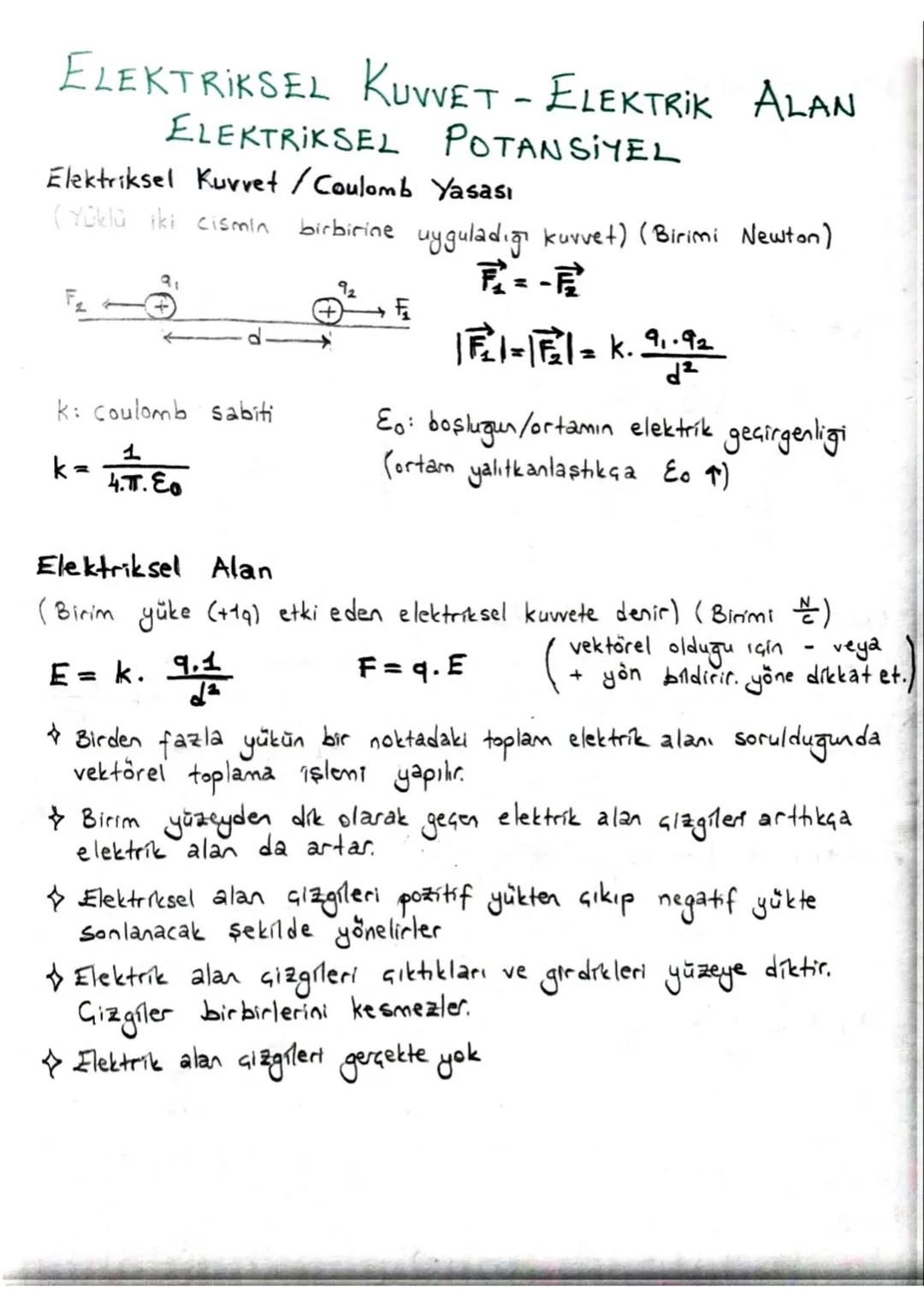 ELEKTRİKSEL KUVVET - ELEKTRİK ALAN
ELEKTRİKSEL POTANSİYEL
Elektriksel Kuvvet / Coulomb Yasası
(Yüklü iki cismin birbirine uyguladığı kuvvet)