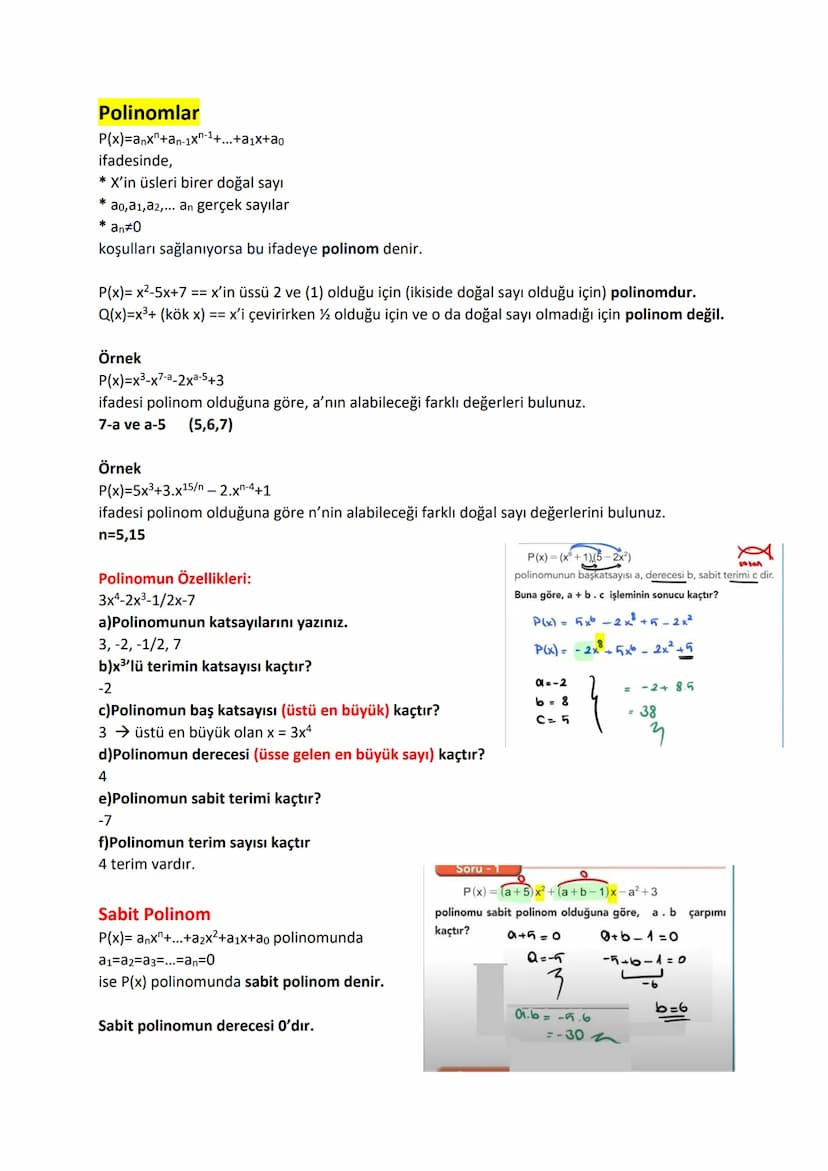 Polinomlar
P(x)=anx+an-1x-1+...+a1x+0
ifadesinde,
* X'in üsleri birer doğal sayı
ao,a1, a2,... an gerçek sayılar
* an#0
koşulları sağlanıyor