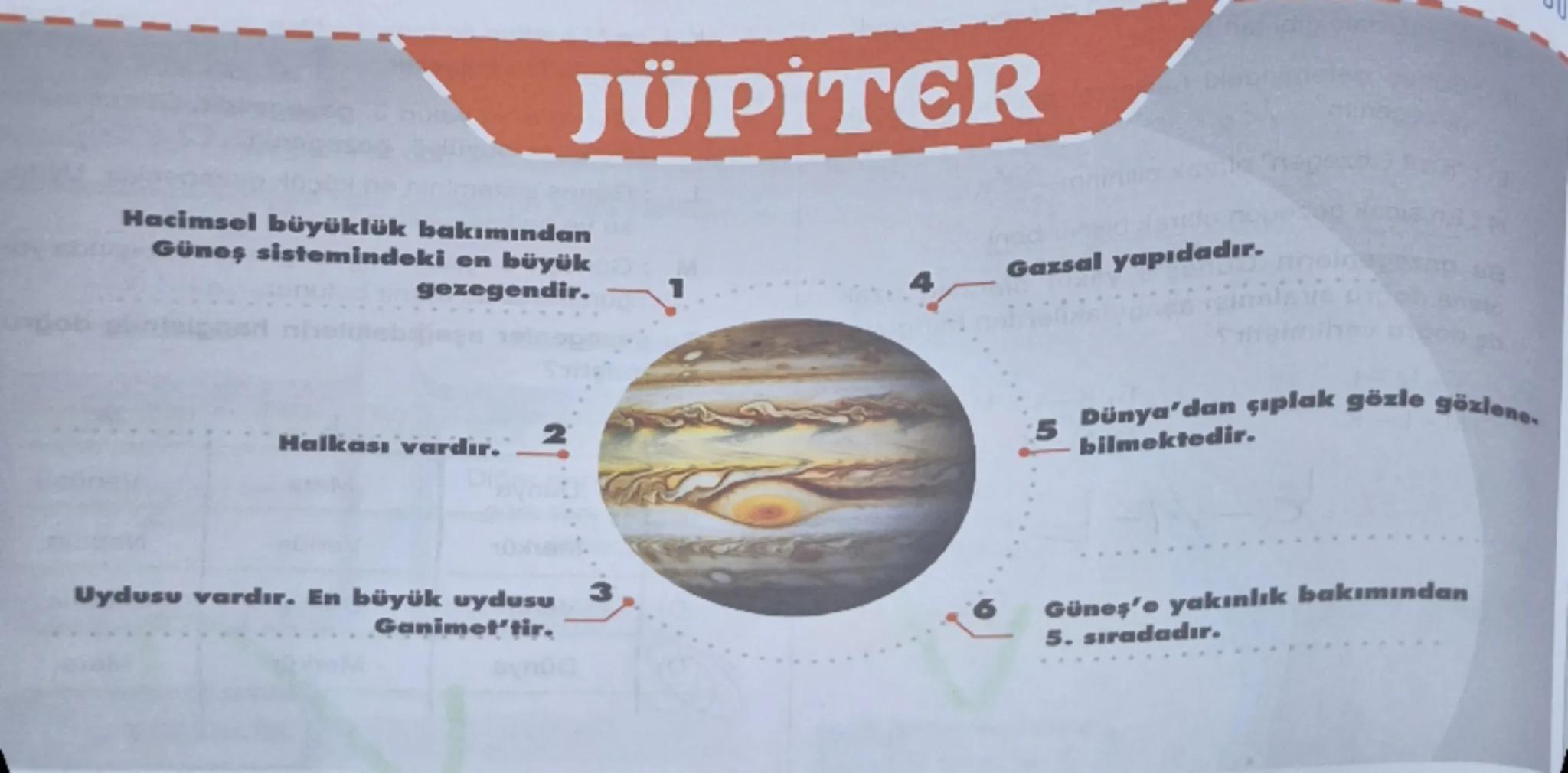 # JÜPİTER

Hacimsel büyüklük bakımından
Güneş sistemindeki en büyük
gezegendir.

Halkası vardır.

Uydusu vardır. En büyük uydusu
Ganimettir.