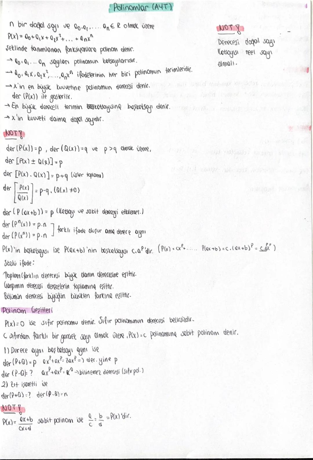 Polinomlar (AYT)
In bir dodol say, ve do......on ER olmak üzere
P(x) = 00 + Q₁ x + Q₂ x² + ... + Qnx^
Seklinde tanımlanan fonksiyonlore poli