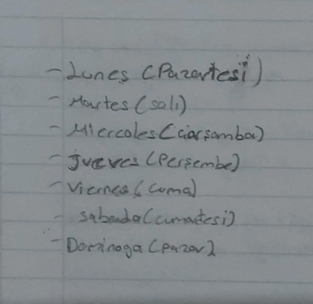 İspanyolca günler Türkçe ve İspanyolca kolay gelsin.                                                