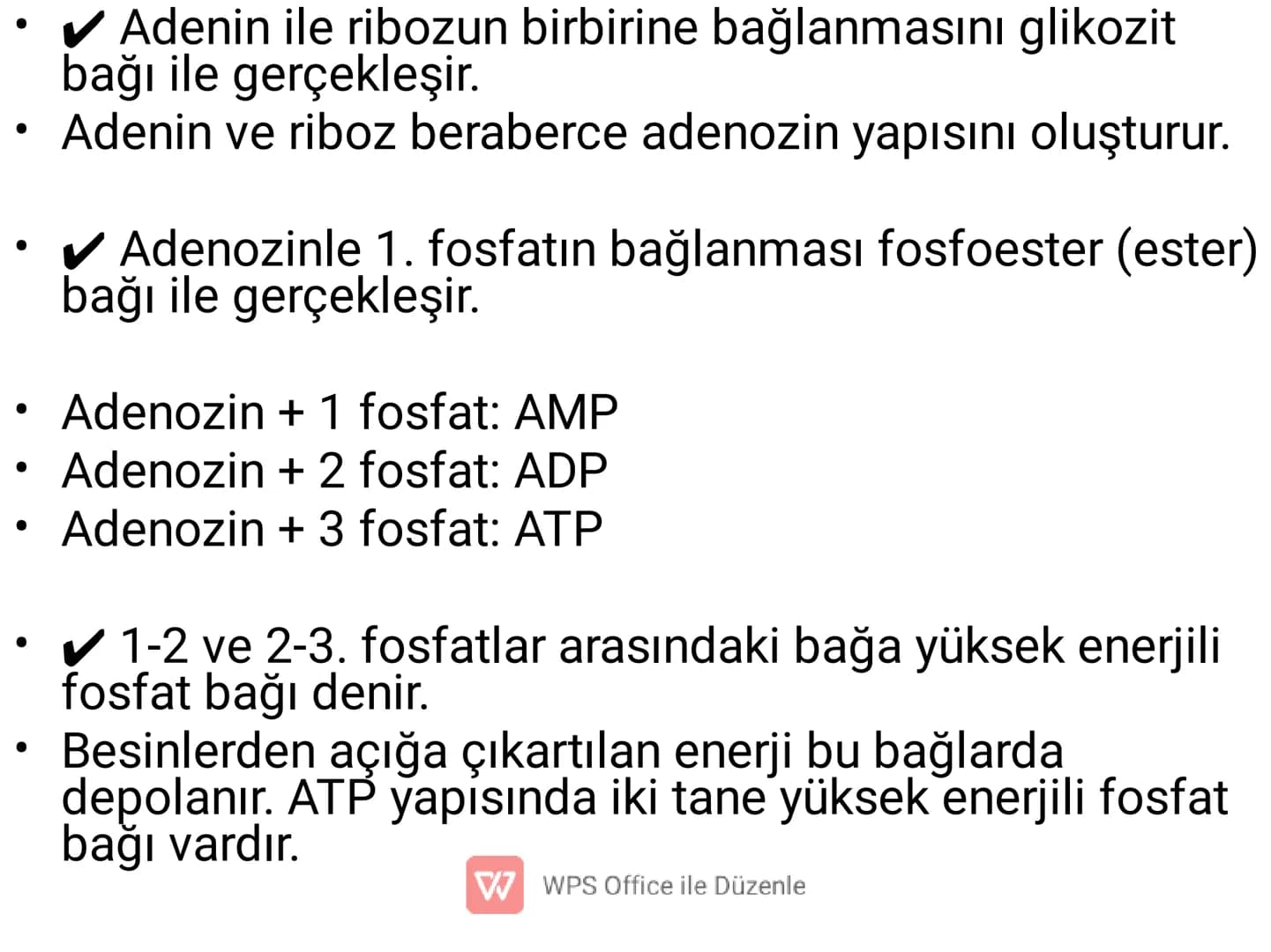 .
•
•
•
•
•
5) ADENOZİNTRİFOSFAT(ATP)
✔ Enerji taşıma işini yapan, nükleotid yapılı bir
moleküldür.
Besinlerin solunumla parçalanması sonucu