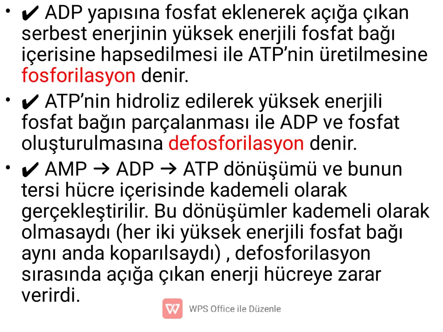 .
•
•
•
•
•
5) ADENOZİNTRİFOSFAT(ATP)
✔ Enerji taşıma işini yapan, nükleotid yapılı bir
moleküldür.
Besinlerin solunumla parçalanması sonucu