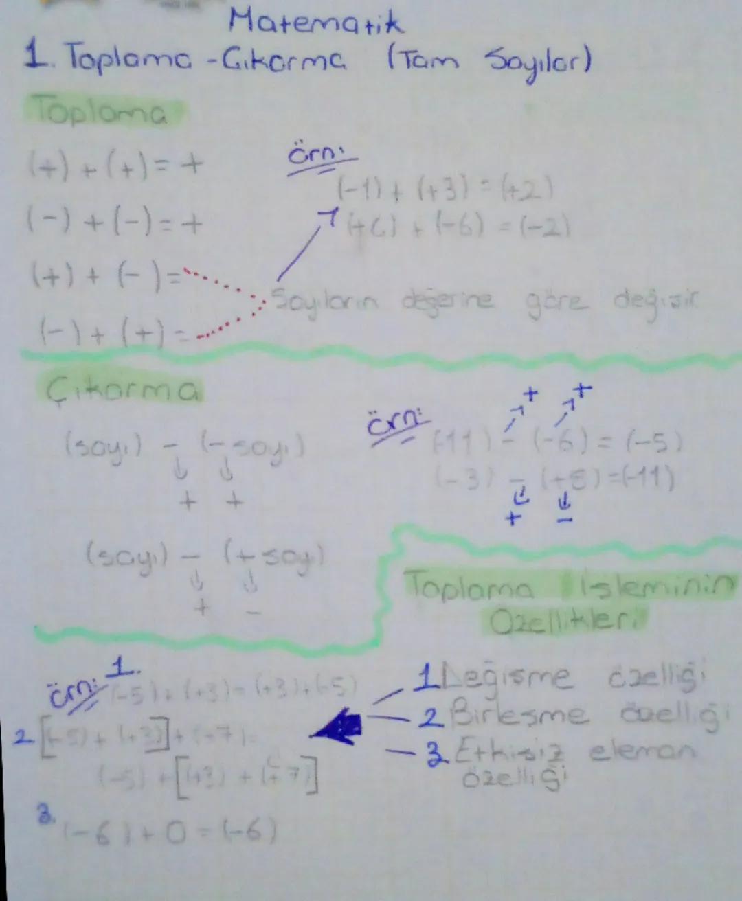Matematik
1. Toplama -Gikorma (Tam Sayılar)
Toploma
örn
(+)+(+) = +
(-1)+ (+3)-(+2)
(-) + (-)=+
(+6) + (-6)=(-2)
(+) + (-)=...
Sayıların değ