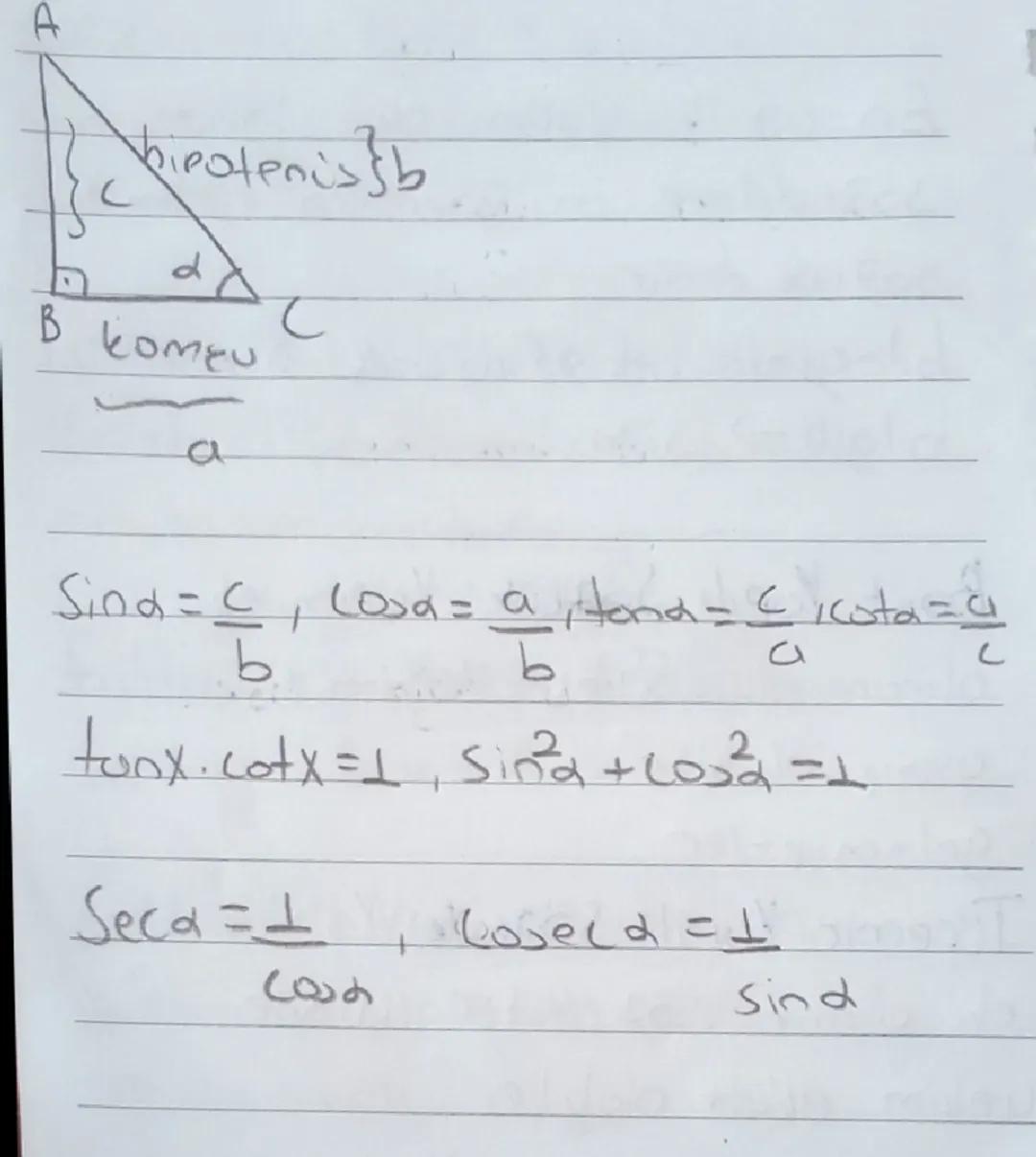 A
hipotenis b
d
B
T
komeu
Sind = C, Lood = a Hond = C/Cota="
Sind=듬
b
b
2
а
tonx.cotx=1, Sina + 1032 =+
Seca ==
Cod
Coselα = 1
Sind Sint
180