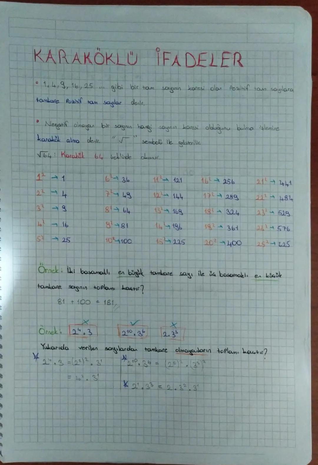 # KARAKÖKLÜ İFADELER

*   1,4,9, 16, 25 ... gibi bir tam sayının karesi olan Positif tam sayılara tankare Pozitif tan saydar dents.

*   Neg