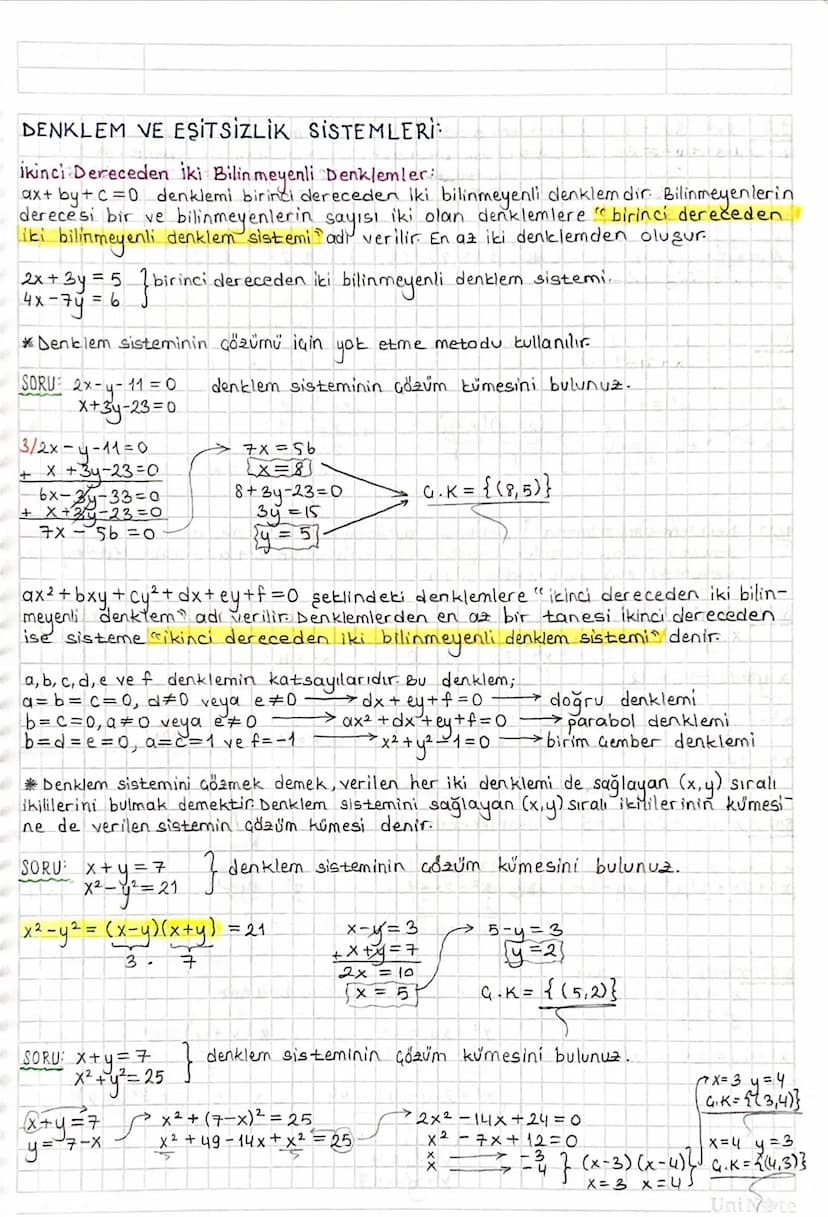 DENKLEM VE EŞİTSİZLİK SİSTEMLERİ:
ikinci Dereceden iki Bilinmeyenli Denklemler:
ax+by+ c = 0 denklemi birinci dereceden iki bilinmeyenli den