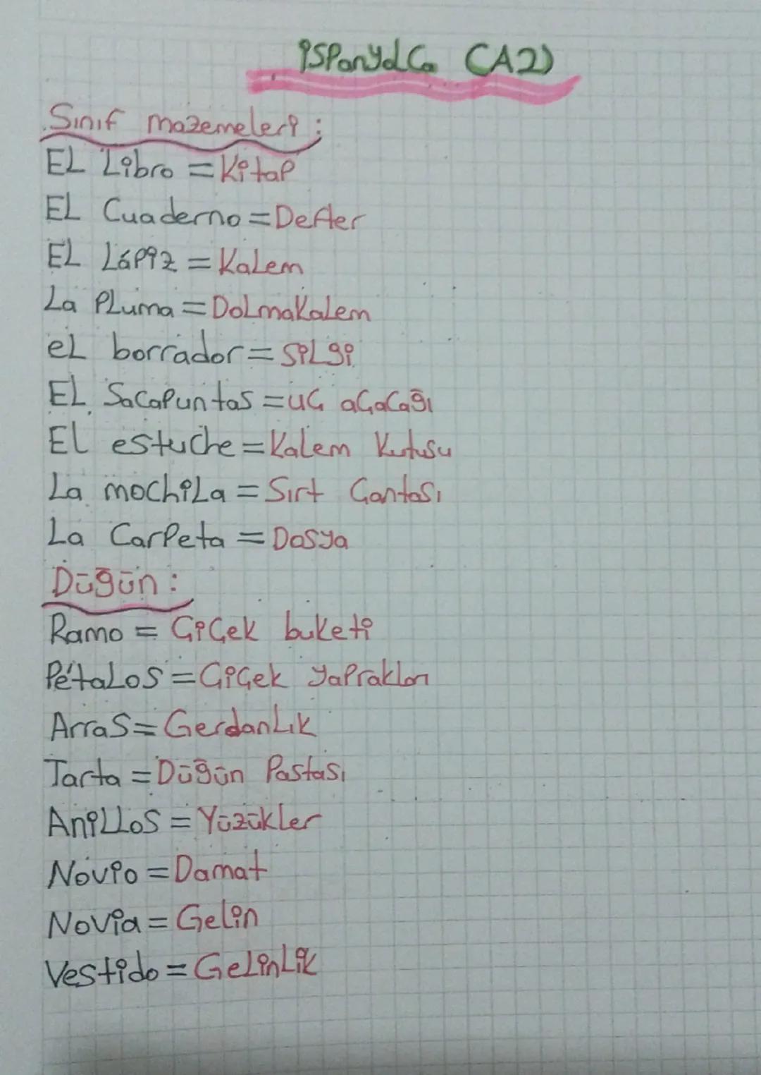 Sınıf mazemeleri
9SPanyada (A2)
EL Libro = Kitap
EL Cuaderno = Defter
EL Lápiz = Kalem
La Pluma = Dolmakalem
el borrador =SPLgi
EL Sacapunta