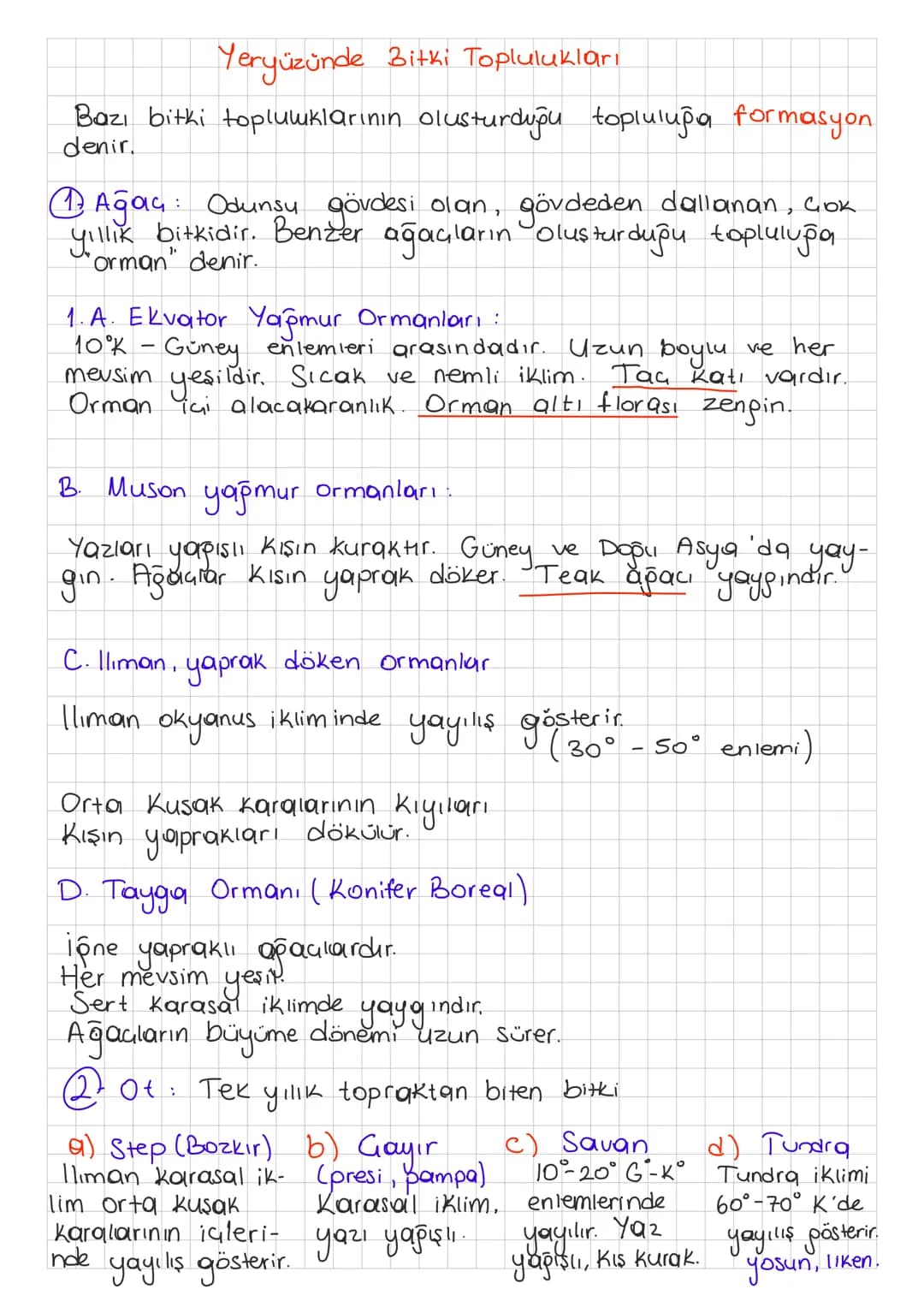 Yeryüzünde Bitki Toplulukları
Bazı bitki topluluklarının olusturduğu topluluğa formasyon.
denir.
①Ağaç: Odunsu gövdesi olan, gövdeden dallan