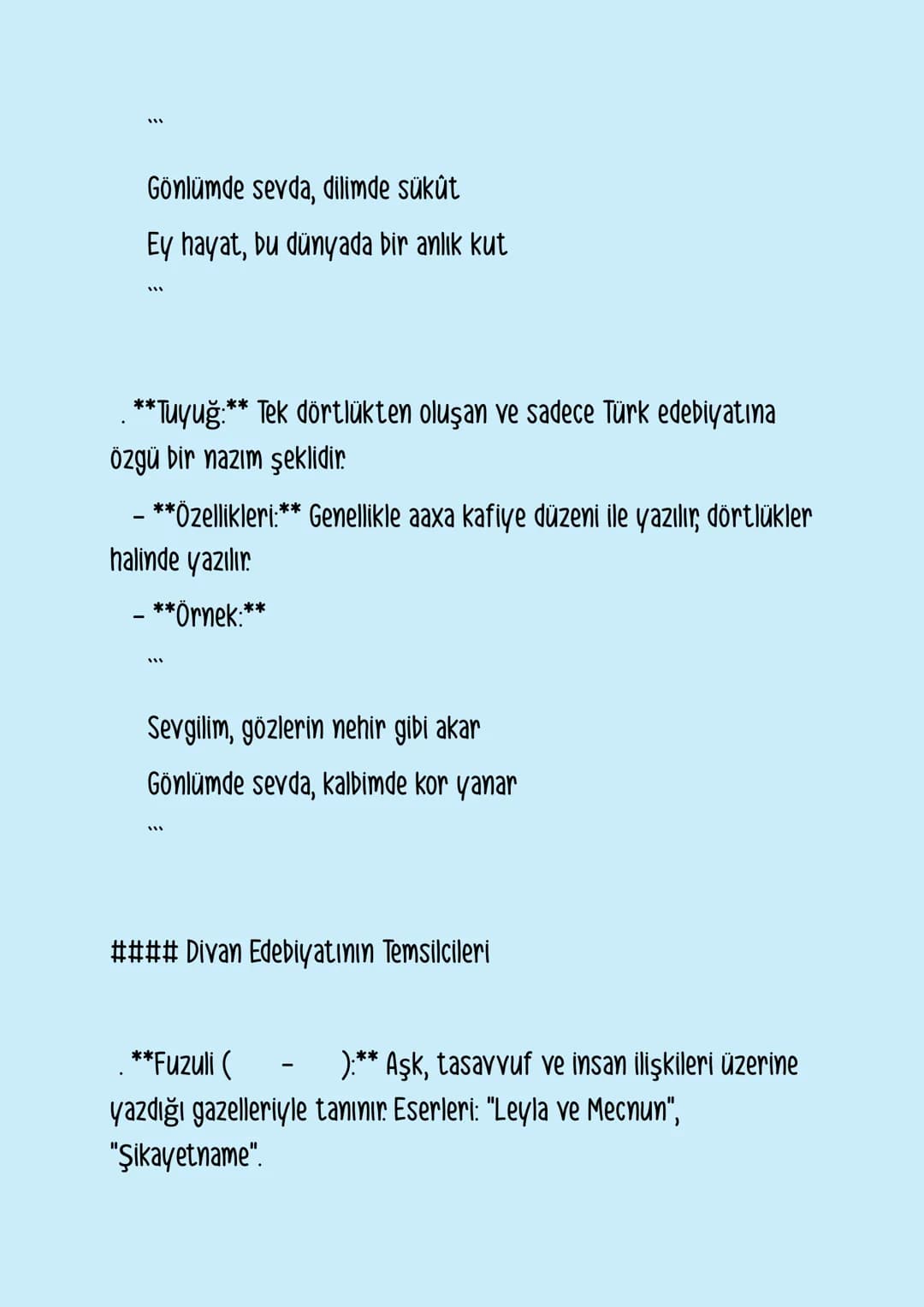 ### Divan Edebiyatı
Divan edebiyatı, . yüzyıldan . yüzyıla kadar Osmanlı
İmparatorluğu döneminde gelişen, Arap ve Fars edebiyatlarının
etkis