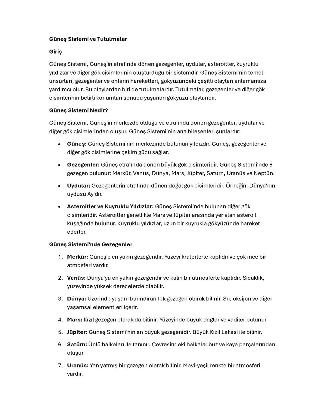 Güneş Sistemi ve Tutulmalar konu ozeti