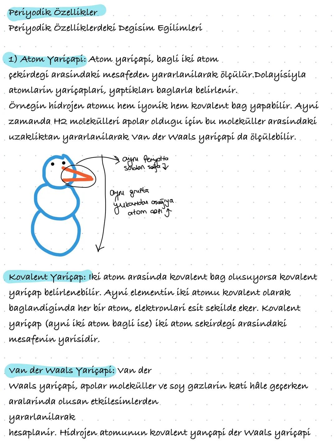 Periyodik Özellikler.
Periyodik Özelliklerdeki Degisim Egilimleri
1) Atom Yarıçapi: Atom yarıçapi, bagli iki atom.
çekirdegi arasindaki mesa