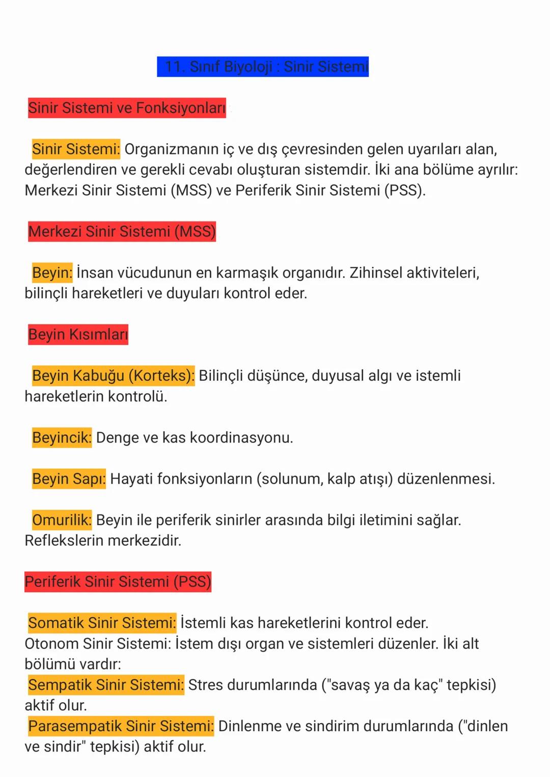 11. Sınıf Biyoloji: Sinir Sistemi
Sinir Sistemi ve Fonksiyonları
Sinir Sistemi: Organizmanın iç ve dış çevresinden gelen uyarıları alan,
değ