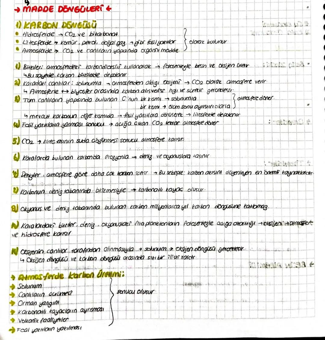 MADDE DONGÜLERI
1) KARBON DONGÜSÜ
• Hidrosferde & CO₂ve bikarbonat
Litosferde kömür, perd, doğal gaz - gibi fosil yakılar
• Almosferde & CO₂