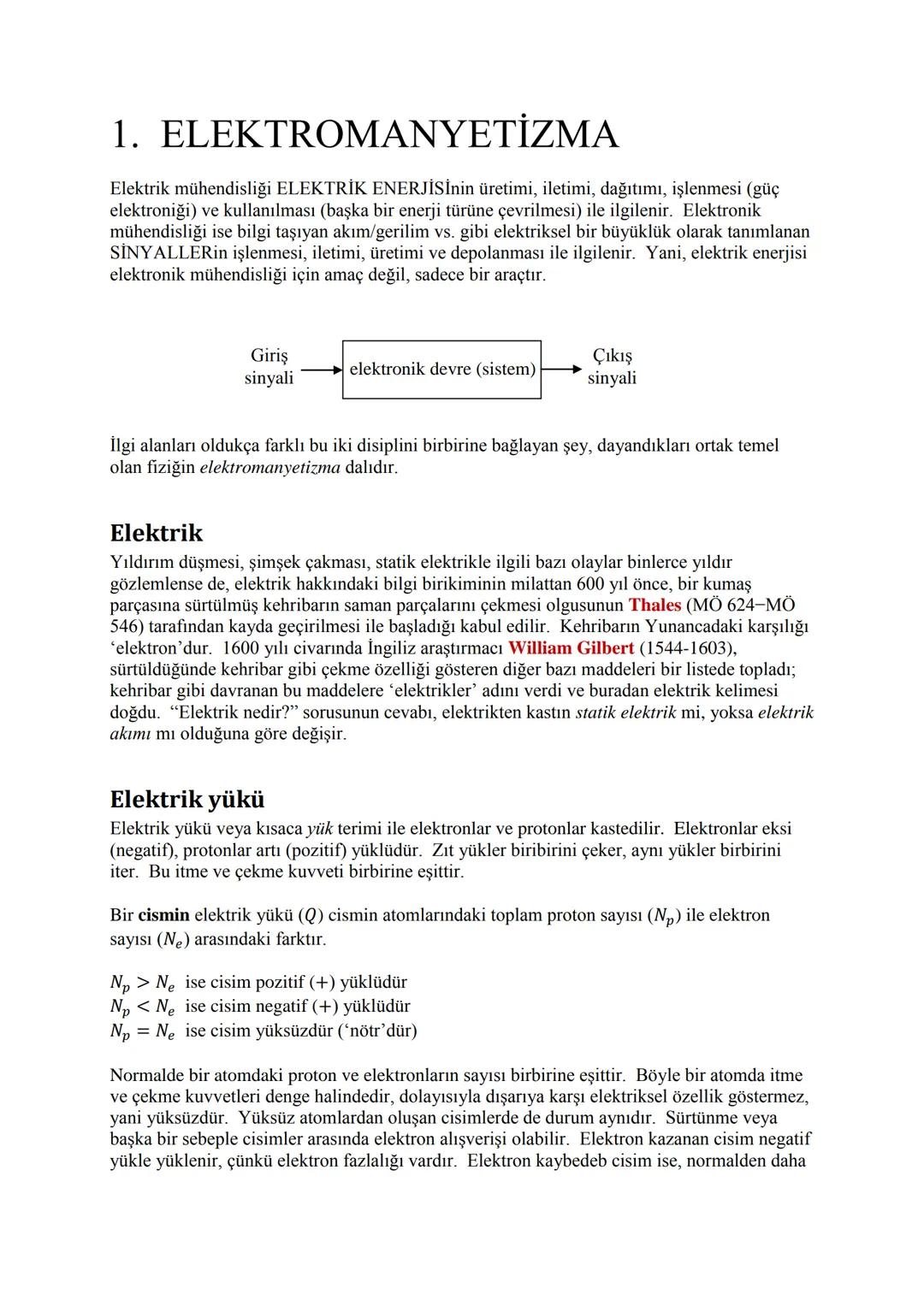 1. ELEKTROMANYETİZMA
Elektrik mühendisliği ELEKTRİK ENERJİSİnin üretimi, iletimi, dağıtımı, işlenmesi (güç
elektroniği) ve kullanılması (baş