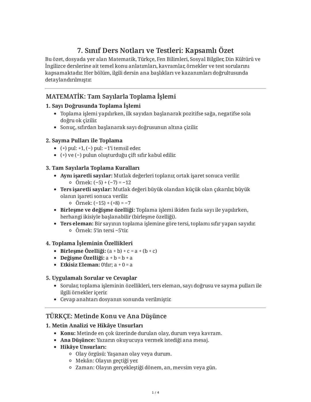 7. Sınıf Ders Notları ve Test Soruları Özeti