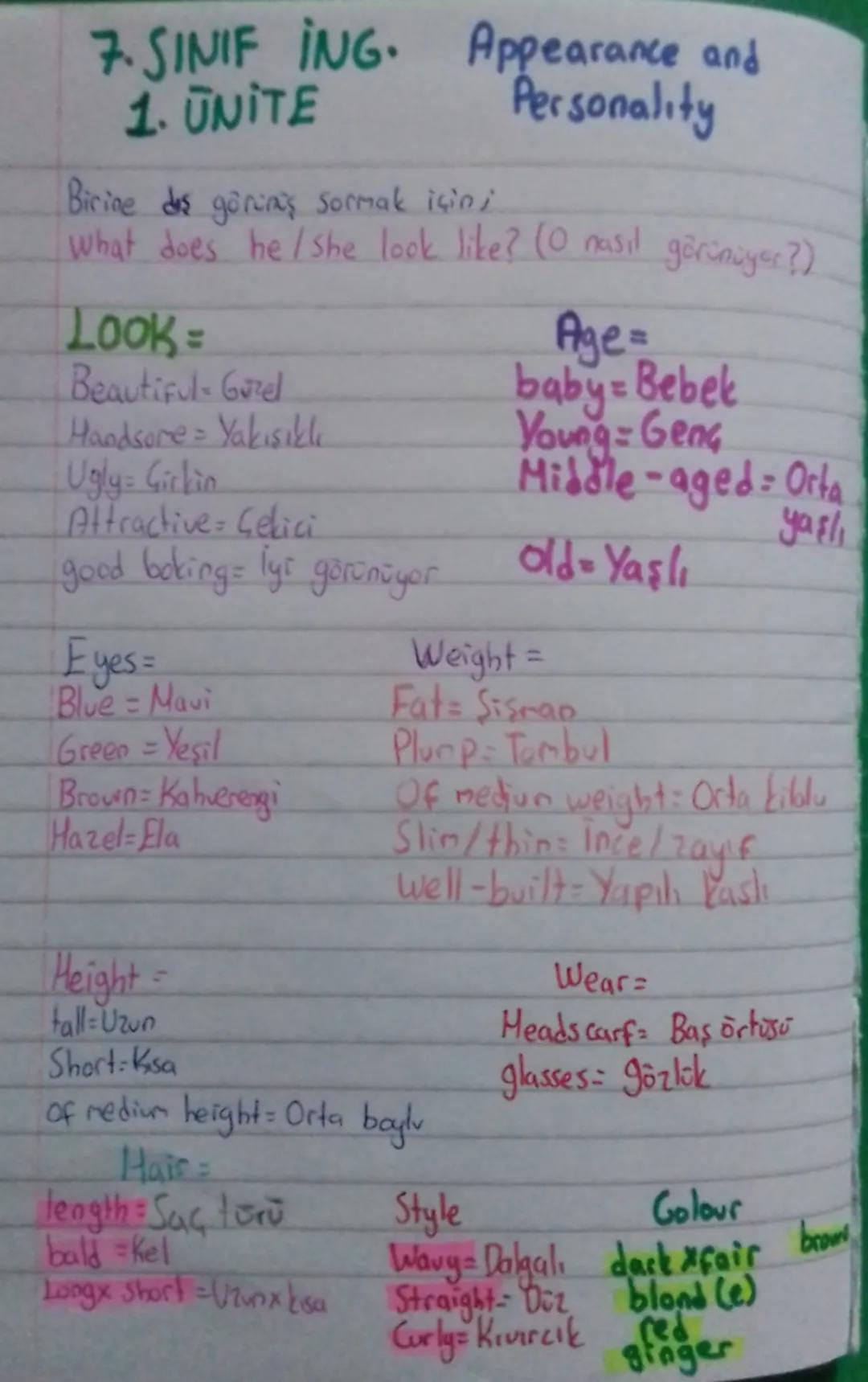 7. SINIF ING. Appearance and
1. UNITE
Birine dis gorin's sormak içini
Personality
What does he/she look like? (0 nasıl görünüyor?)
Look =
Be