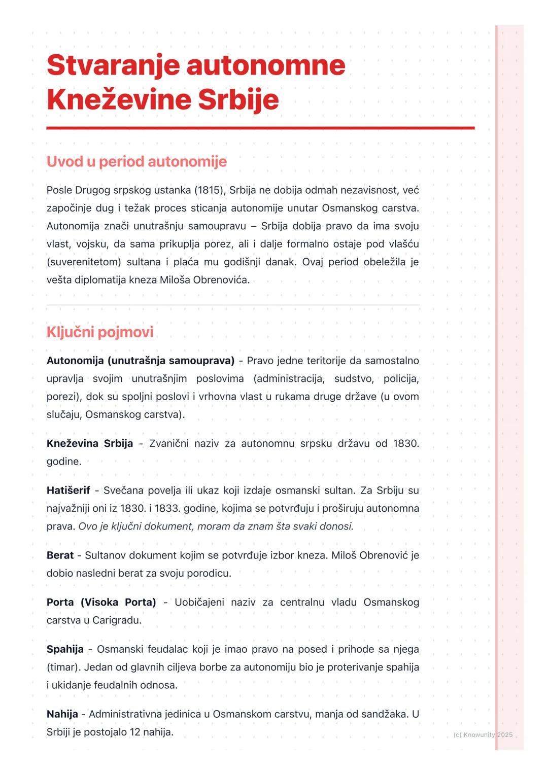 # Stvaranje autonomne
Kneževine Srbije

Uvod u period autonomije

Posle Drugog srpskog ustanka (1815), Srbija ne dobija odmah nezavisnost, v