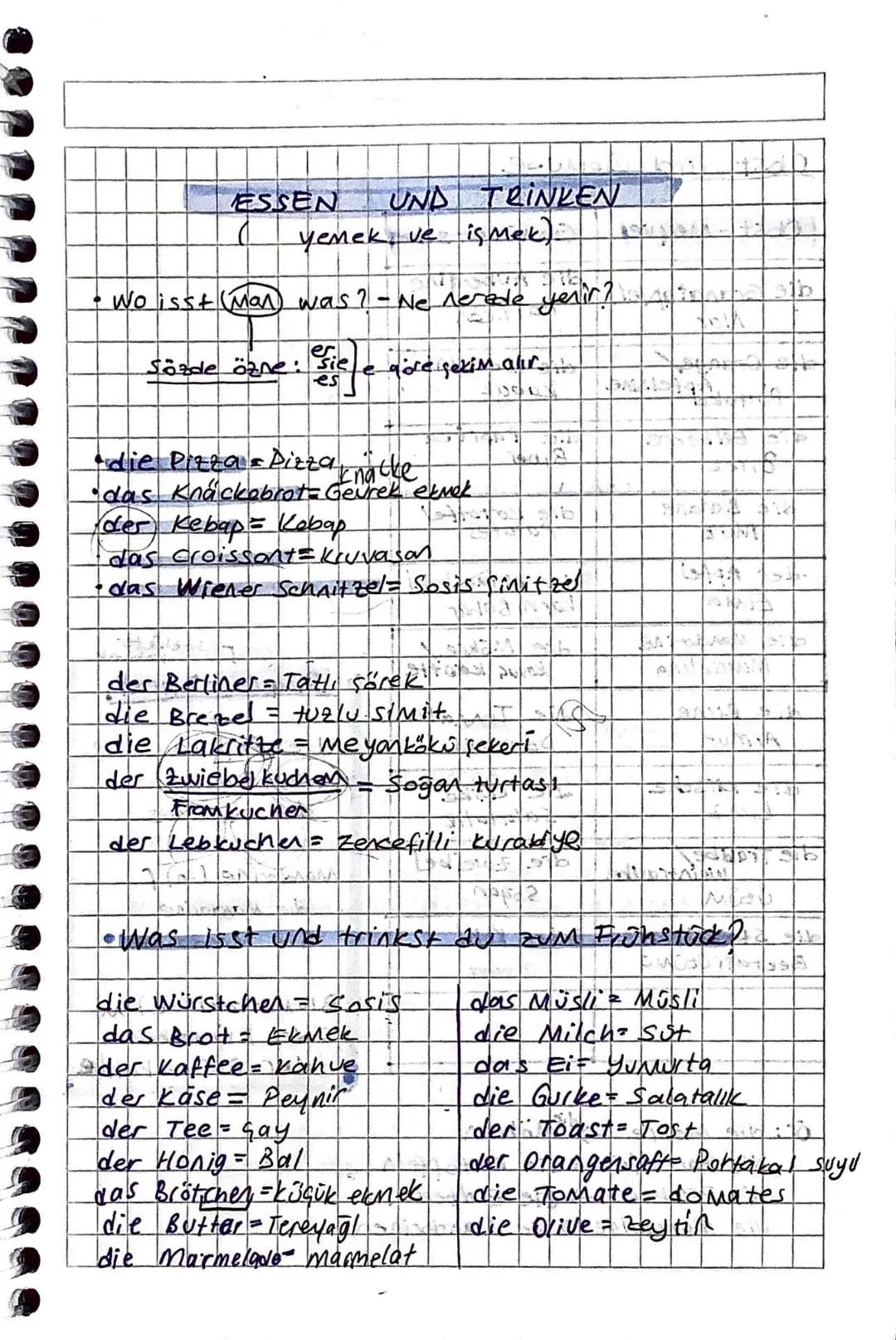 ESSEN UND TRINKEN
yemek, ve ismek)
wo isst (Man) was? - Ne nerede yenir?
Sözde özne: sie
e
göre çekim alır.
es
• die Pizza - Pizza nacke
das