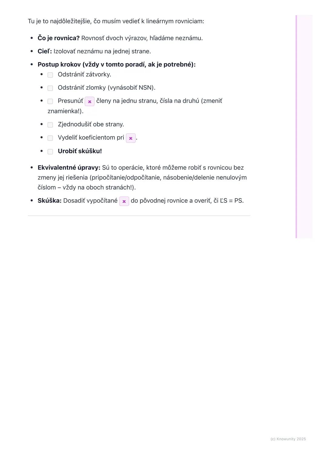 # Lineárne rovnice s jednou
neznámou

1. Úvod do lineárnych rovníc

Lineárne rovnice s jednou neznámou sú super dôležitá časť matematiky, kt