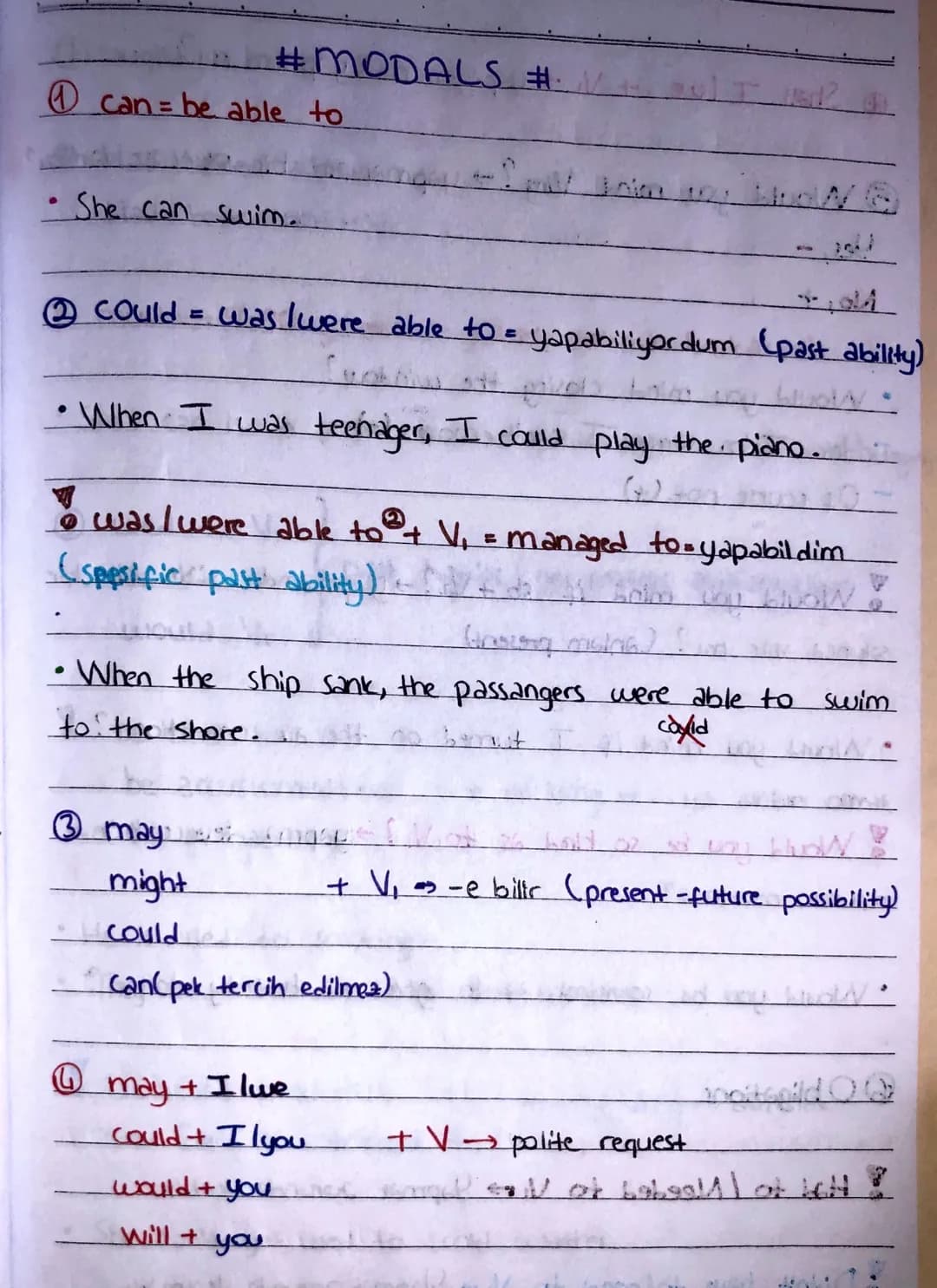 #MODALS #2.
can be able to
She can swim.
② could = was I were able to = yapabiliyordum (past ability)
•When I was teenager, I could play the