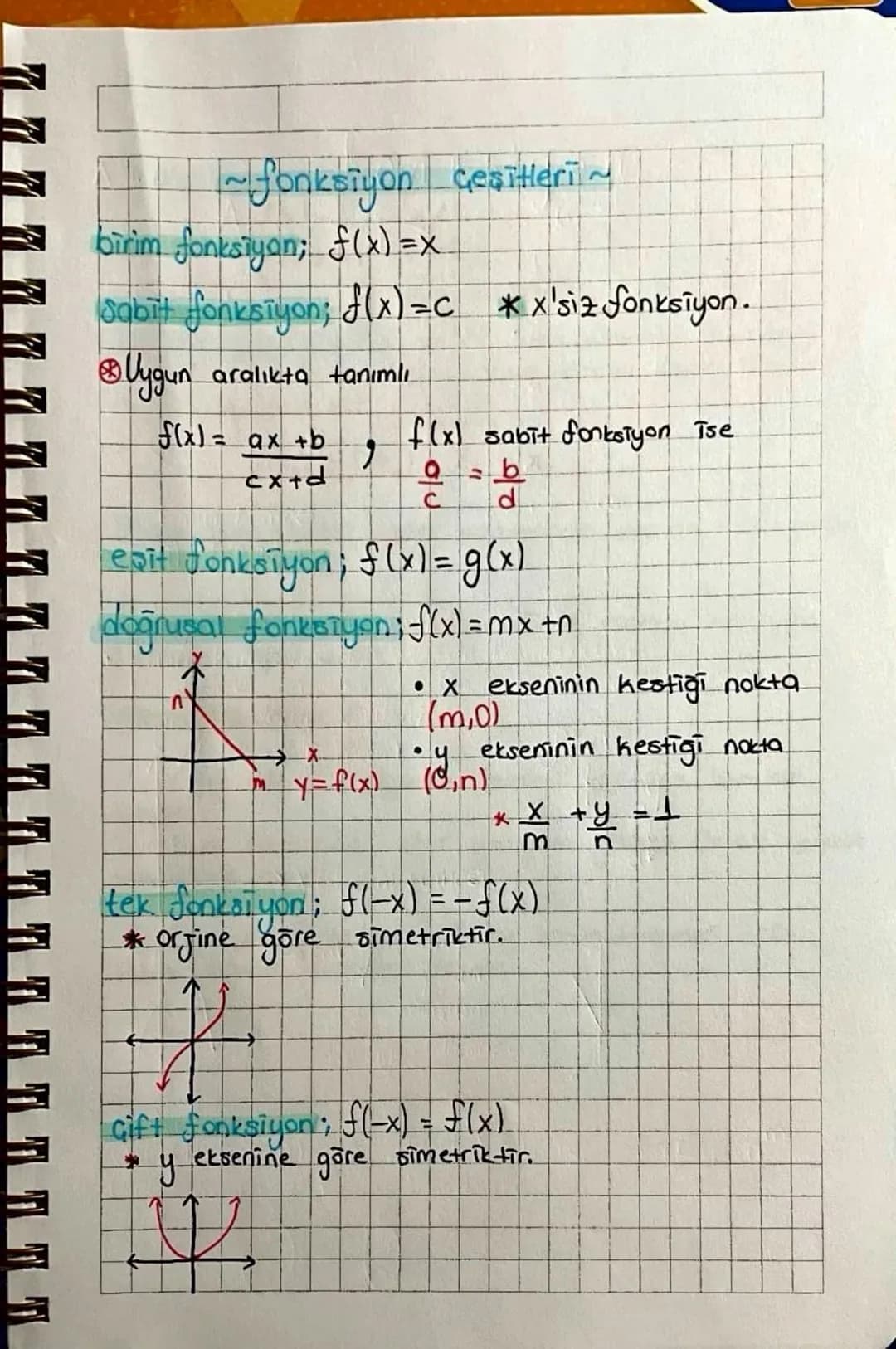 ~ fonksiyon çeşitleri ~
birim fonksiyon; f(x) = x
Sabit fonksiyon; f(x)=C *x'siz fonksiyon.
Uygun aralıkta tanımlı
f(x)= ax+b
f(x) sabit fon