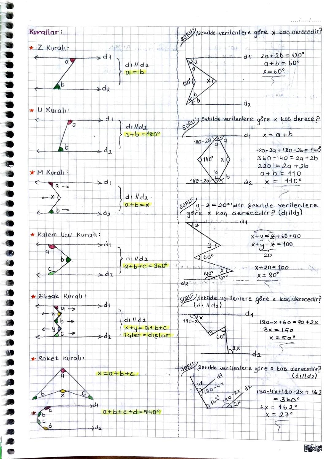 * Kurallar:
* Z Kuralı:

d1

b

d2

$$\begin{cases} d1 \\ d2 \\ a = b \end{cases}$$

* U Kuralı

di

Pa

$$\begin{cases} d1 \\ d2 \\ a+b=180