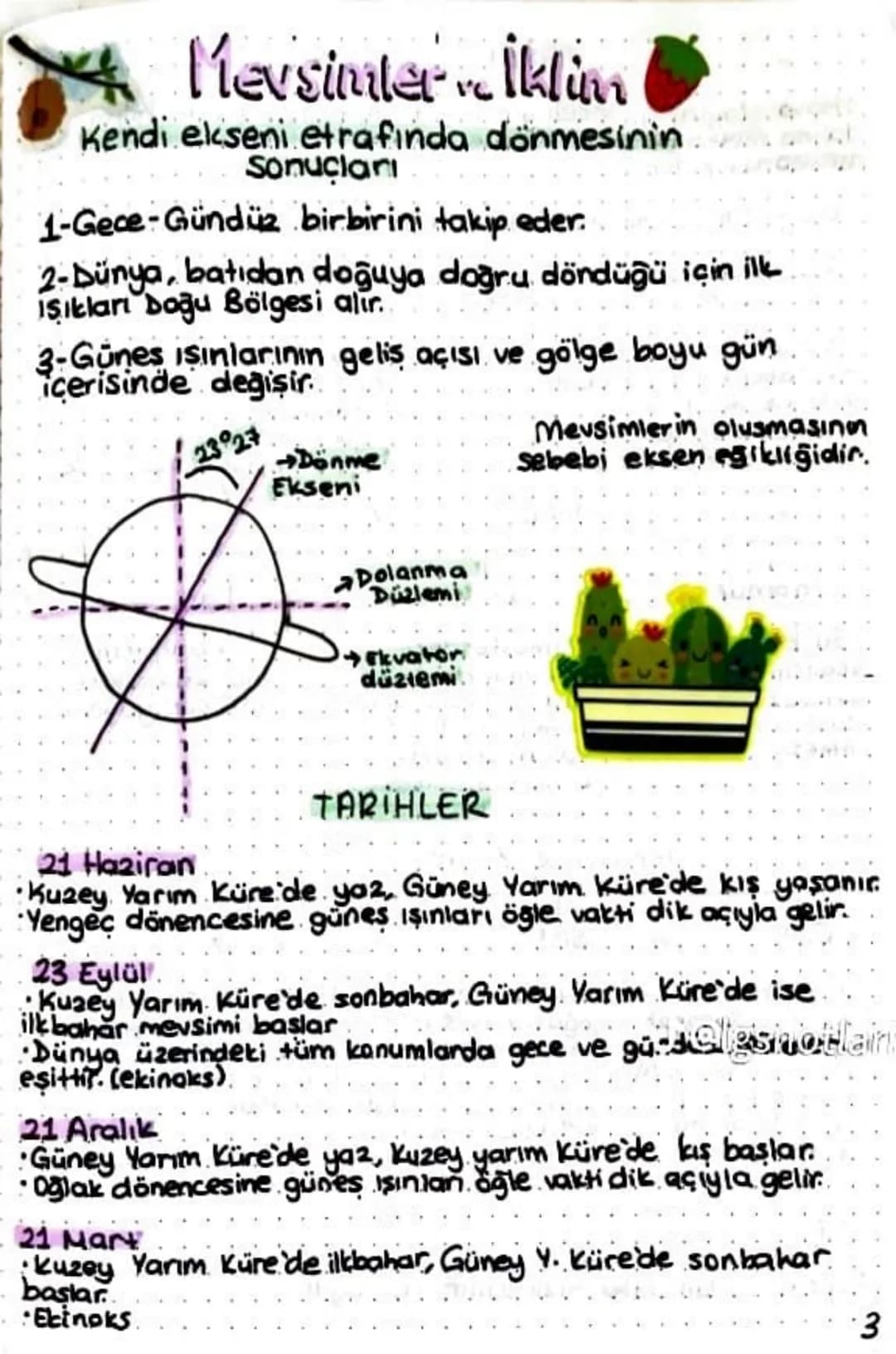 Mevsimler İklim
Kendi ekseni etrafında dönmesinin
Sonuçları
1-Gece Gündüz birbirini takip eder.
2-Dünya, batidan doğuya doğru döndüğü için i
