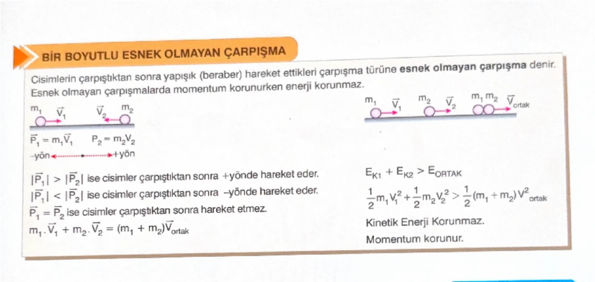 # Momentum
Bir cismin kütlesi ile hızının çarpımıdır.
$\vec{P}=m.\vec{V}$
Momentum Kütle Hız
Birimi - kg . $\frac{m}{s}$
Momentum vektöreldi