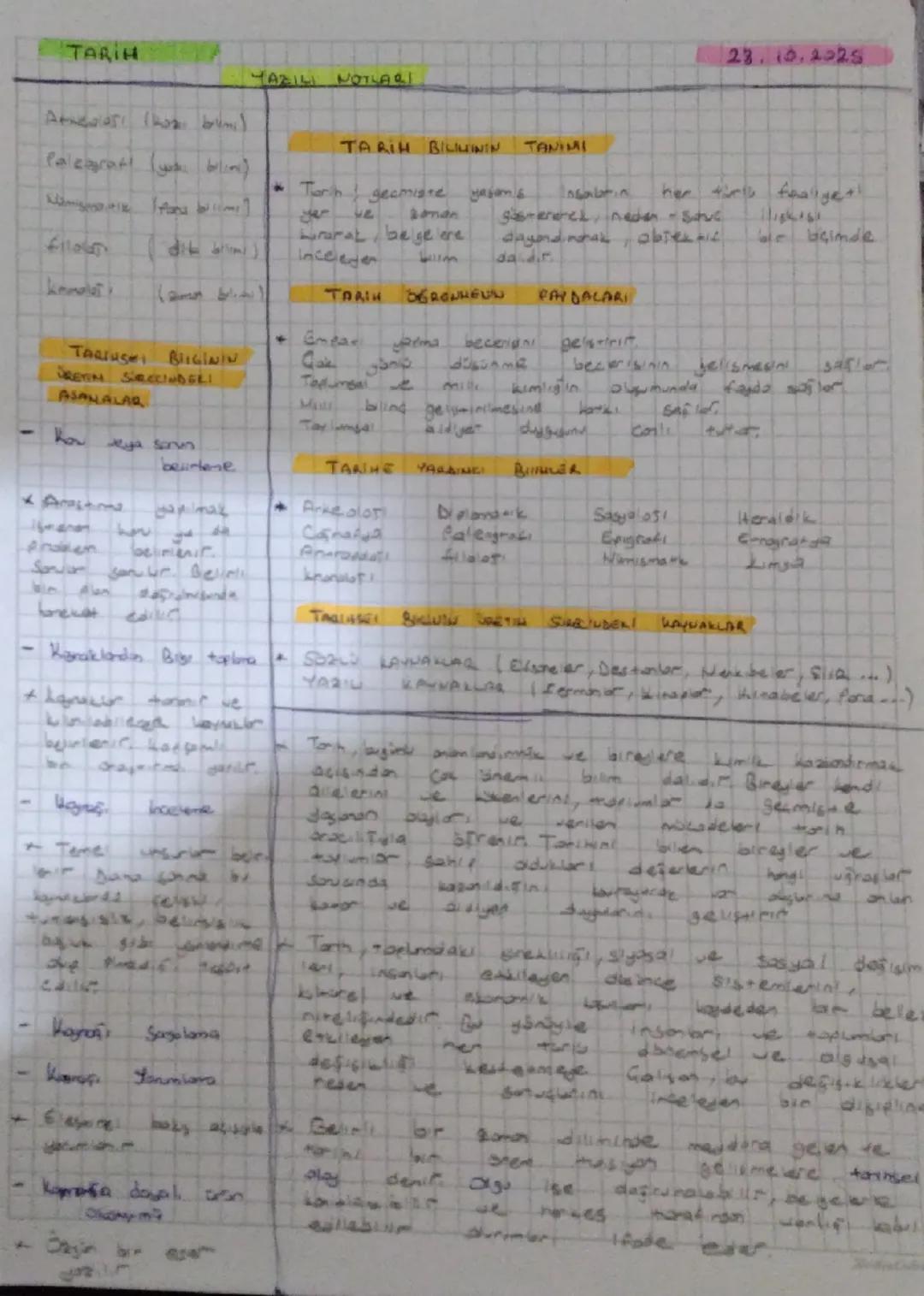# TARIH

YAZILI NOTLARI

TARIH BILIMININ TANINMI

23.10.2025

*   Ameodisi (haza bilim)

*   Paleyrat (wh below)

*   Nümismatik (para bilim