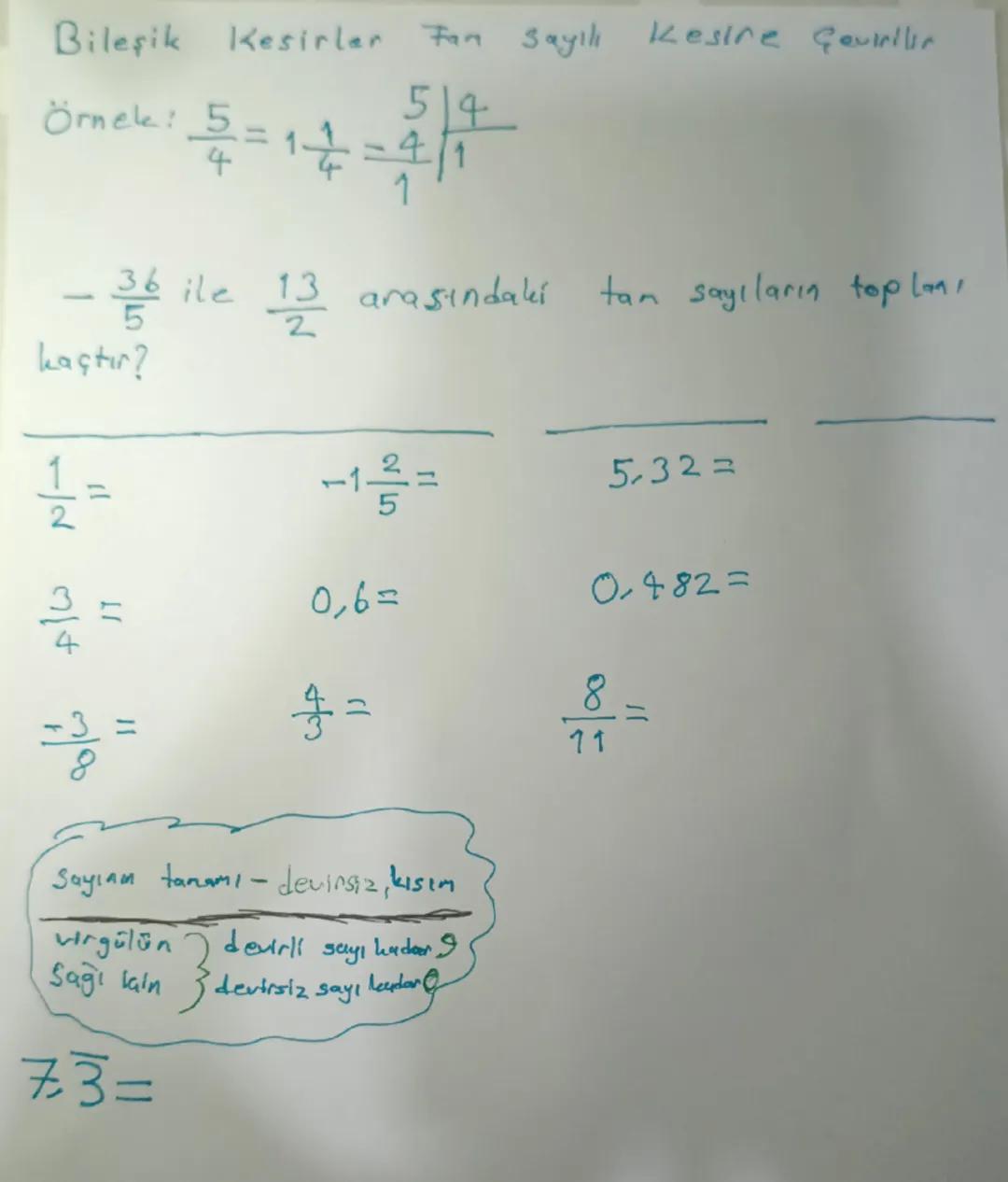 Bileşik Kesirler Fan sayılı Kesire Çeviriler

Örnek: $\frac{5}{4}=1\frac{1}{4}=\frac{5}{1} | \frac{4}{1}$

- $\frac{36}{5}$ ile $\frac{13}{2