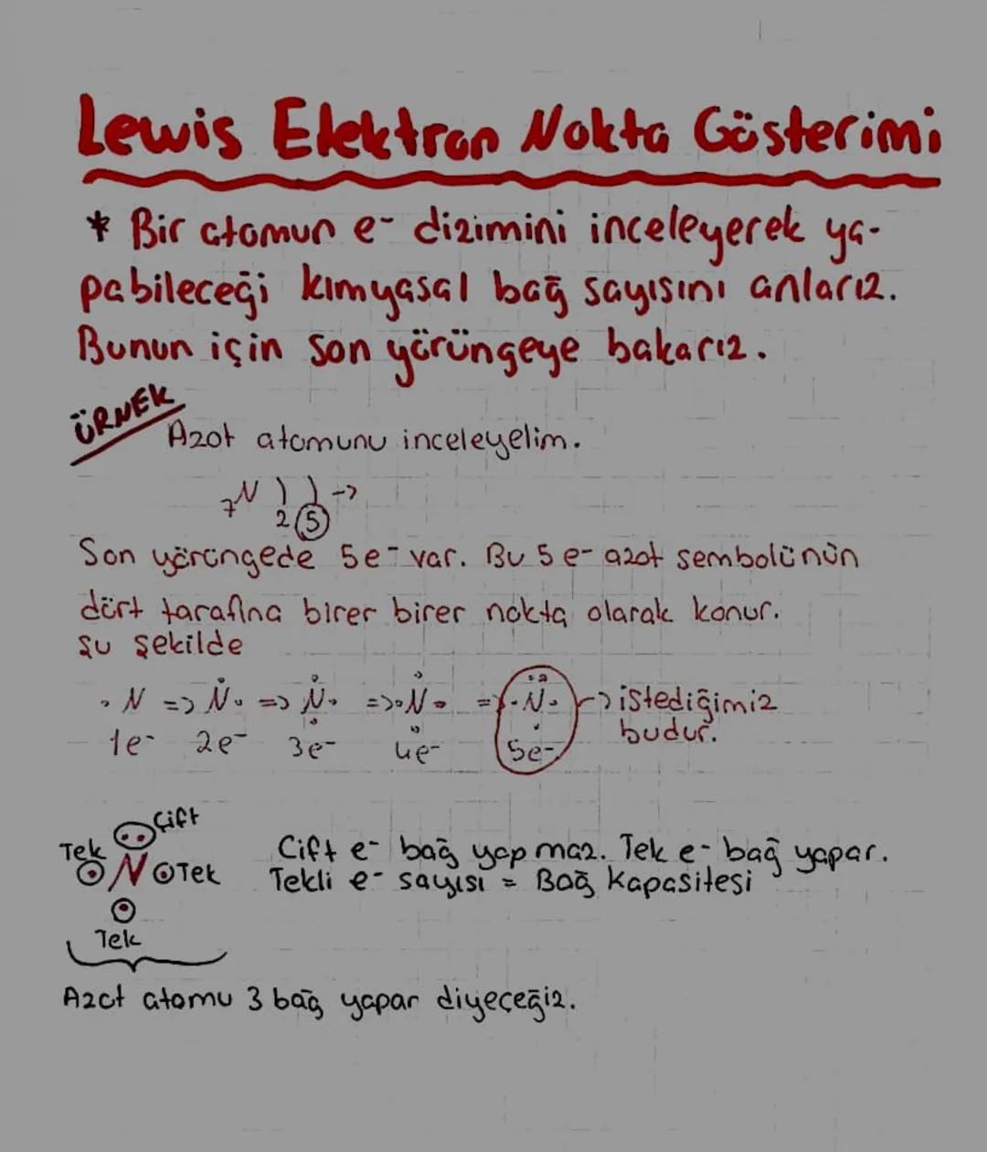 # Lewis Elektron Nokta Gösterimi
* Bir atomun e dizimini inceleyerek ya-
pabileceği kımyasal bağ sayısını anlarız.
Bunun için son yörüngeye 