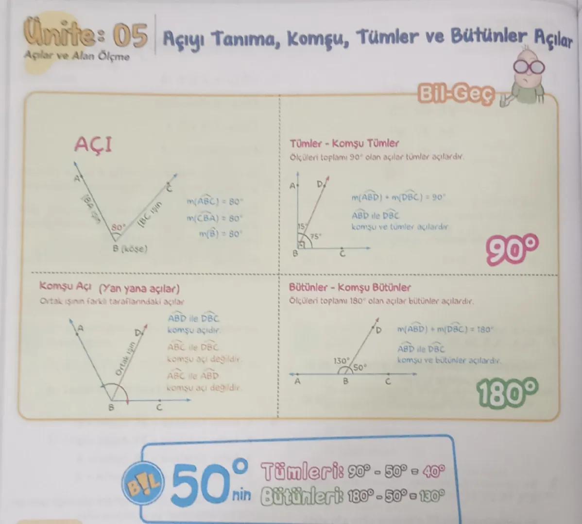 --- OCR Start ---
Unite: 05 Açıyı Tanıma, Komşu, Tümler ve Bütünler Açılar
Açılar ve Alan Ölçme
Bil-Geç
AÇI
IBA işin
So IBC işin
B (köşe)
Ko