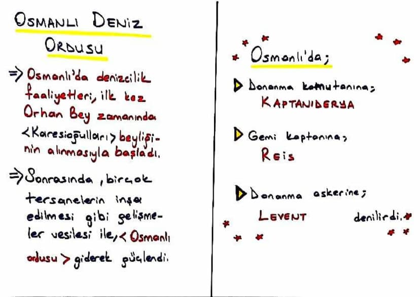 OSMANLI DENIZ
ORDUSU
=> Osmanlı'da denizcilik
faaliyetleri, ilk kez
Orhan Bey zamanında
<Karesiapulları> beyliği-
nin alınmasıyla başladı.
=