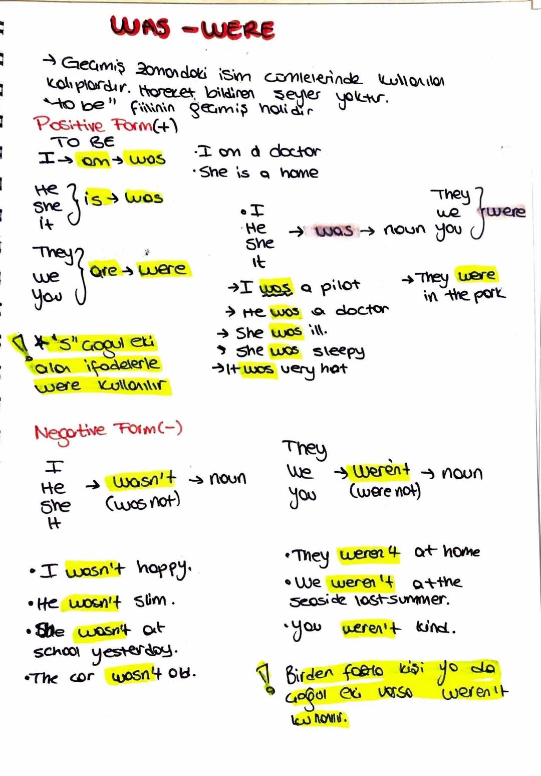 =
WAS-WERE
→Geamis Zonordoki isim comlelerinde kullanılar
Kalıplardır. Horeket, bildiren şeyler yoktur.
"to be" fillinin geçmiş halidir
Posi