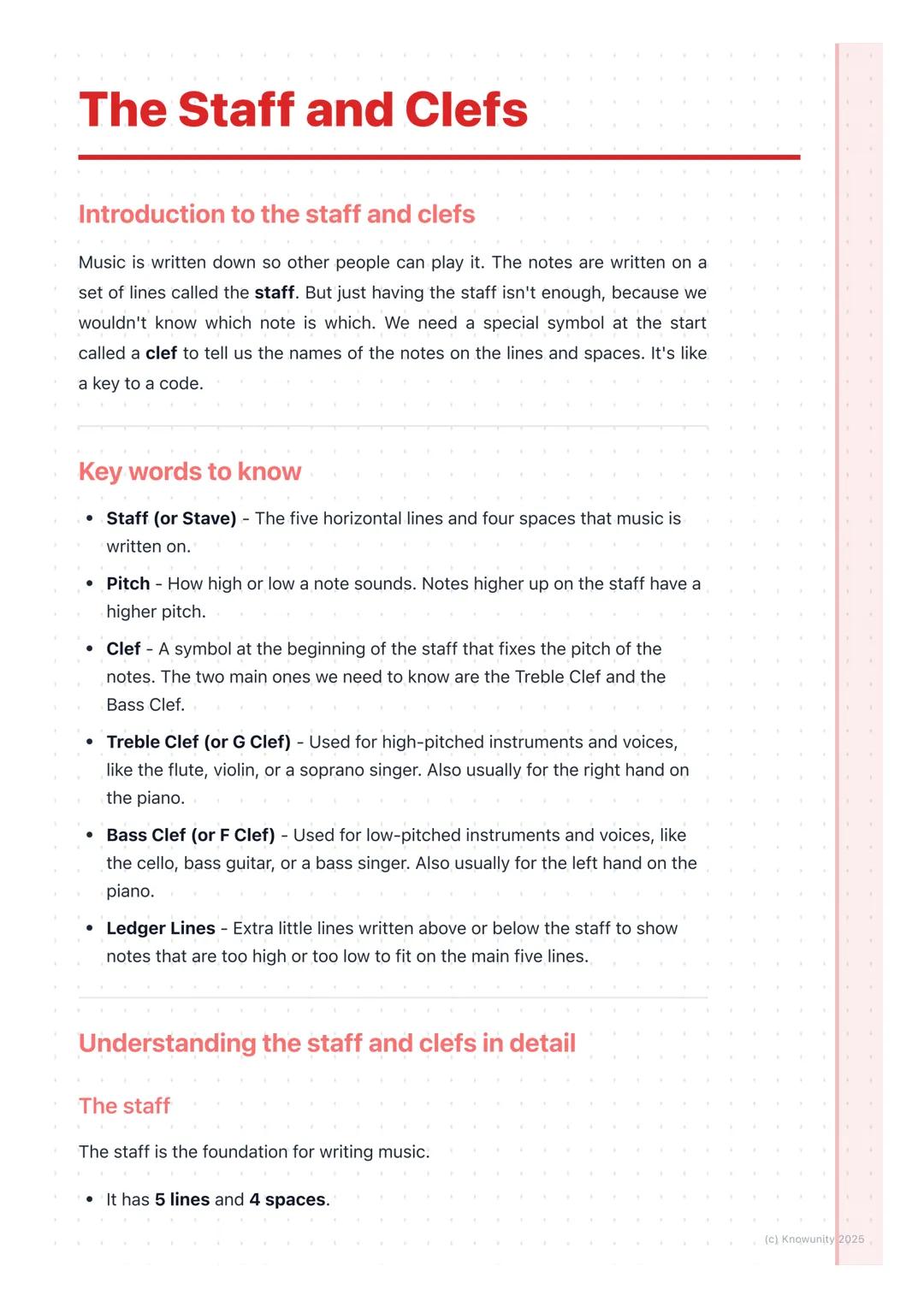 # The Staff and Clefs

Introduction to the staff and clefs

Music is written down so other people can play it. The notes are written on a
se