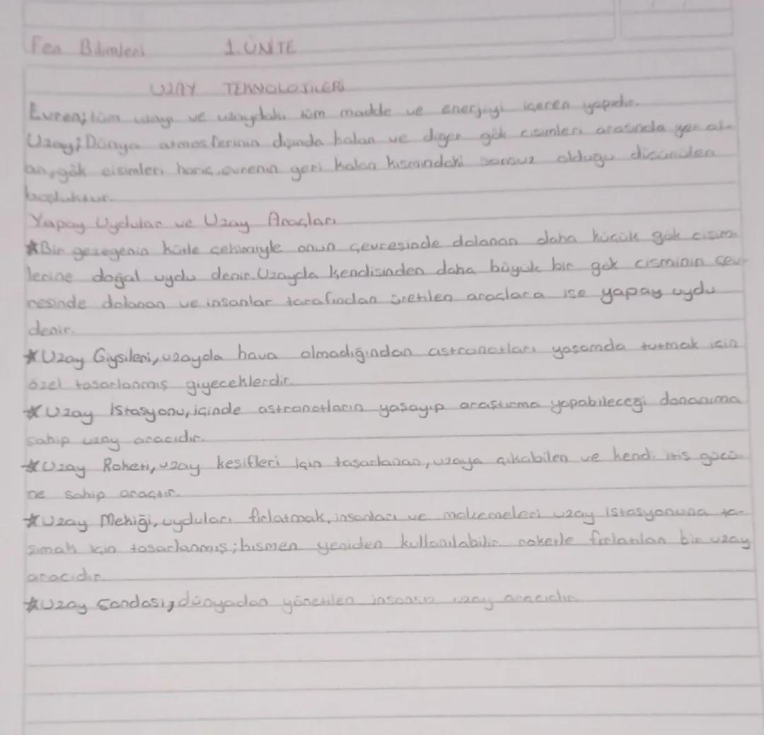 7. Sınıf Fen Bilimleri 1. Ünite - Uzay Teknolojileri ve Keşifler