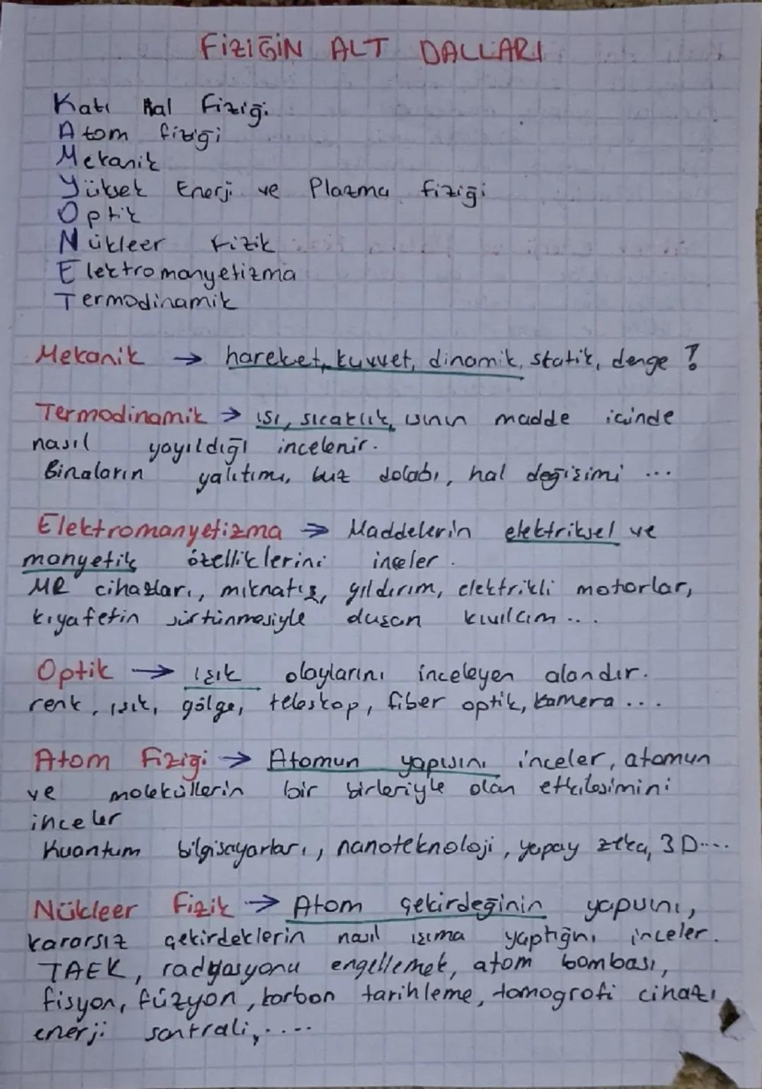 # FİZİĞİN ALT DALLARI

Katı Bal Fiziği
Atom fiziği
Mekanik
Yüksek Enerji ve Plazma fiziği
Optic
Nükleer Fizik
Elektro monyetizma
Termodinami