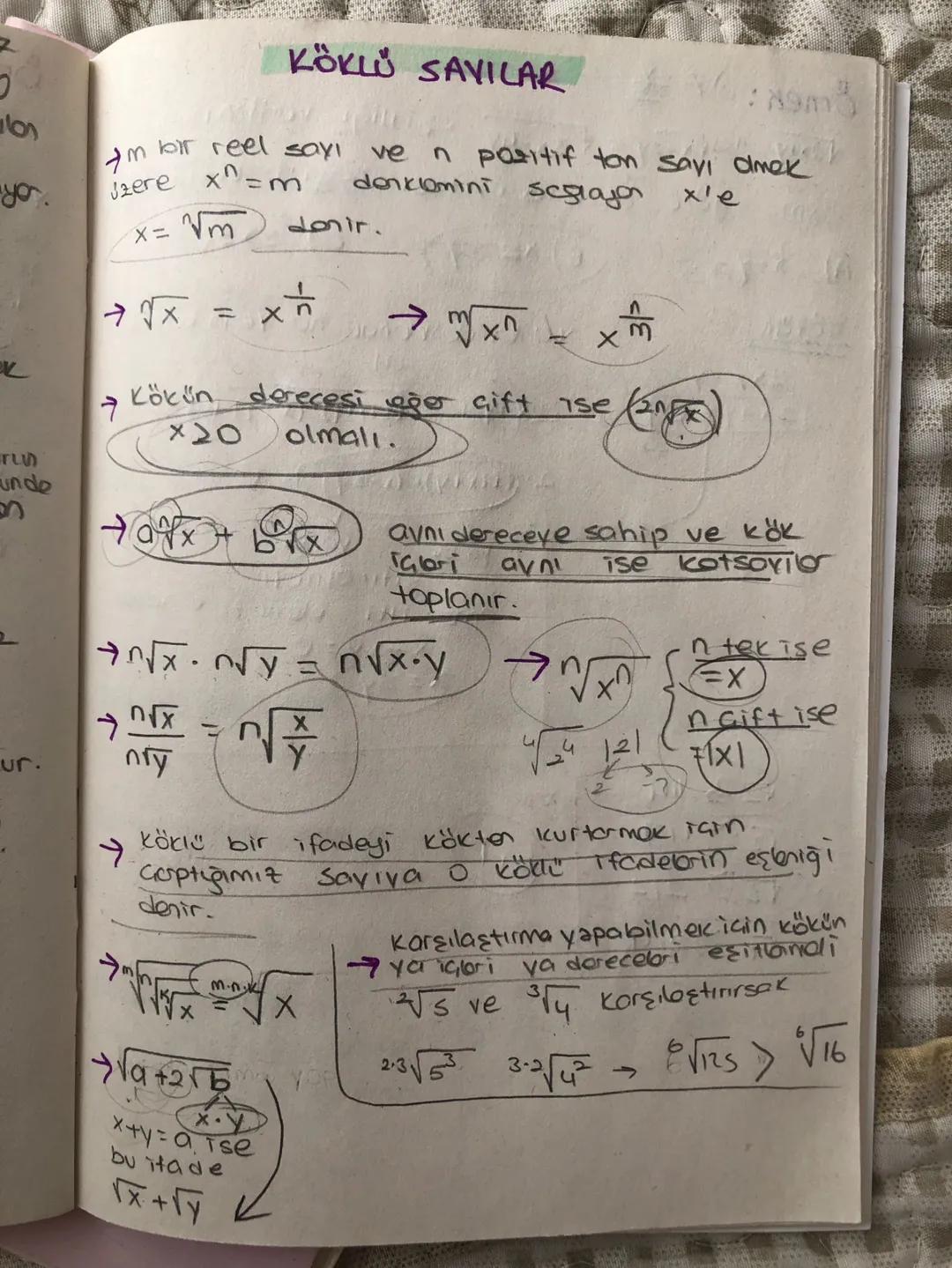 # KÖKLÜ SAVILAR

Im bir reel sayı ve n positif ton savi amek
zere $x^n$=m donkloniフ scglajo x'e

x= √m donir.

→√x = $x^{\frac{1}{n}}$ → $m√