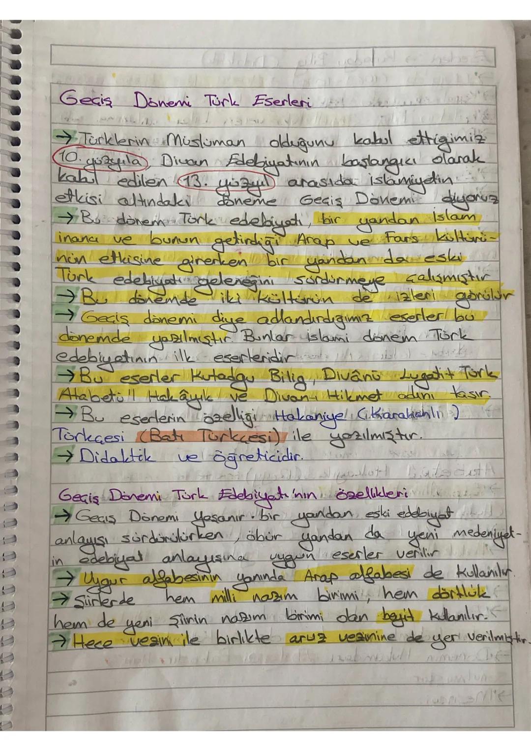 Geçiş Dönemi Türk Eserleri
1.S
73750
Türklerin Müslüman olduğunu kabul ettigimiz
10. yuzyila), Divan Edebiyatının başlangıcı olarak
kahil ed