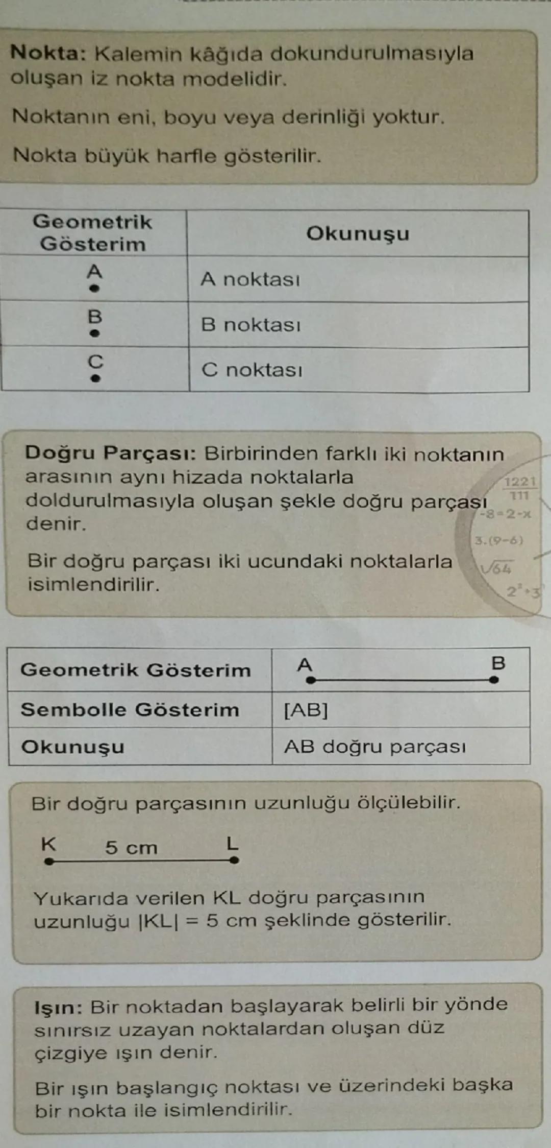 --- OCR Start ---
Nokta: Kalemin kâğıda dokundurulmasıyla
oluşan iz nokta modelidir.
Noktanın eni, boyu veya derinliği yoktur.
Nokta büyük h