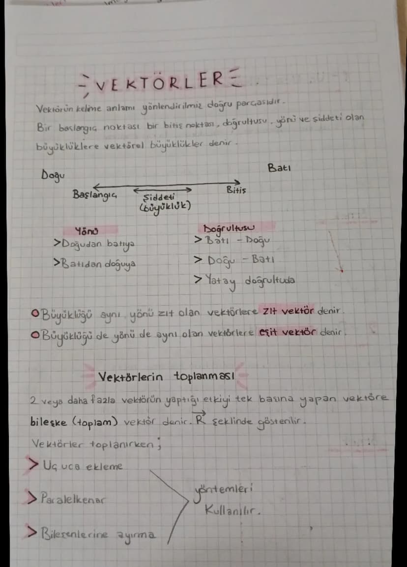 VEKTÖRLERE
Vektörün kelime anlamı yönlendirilmiş doğru parçasıdır.
Bir başlangıç noktası bir bitiş noktası, doğrultusu, yönü ve şiddeti olan