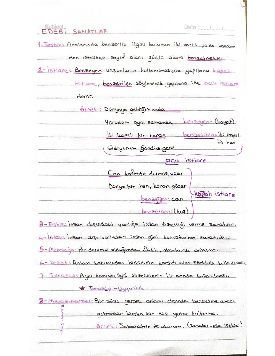 Edebiyat Söz Sanatları Özeti