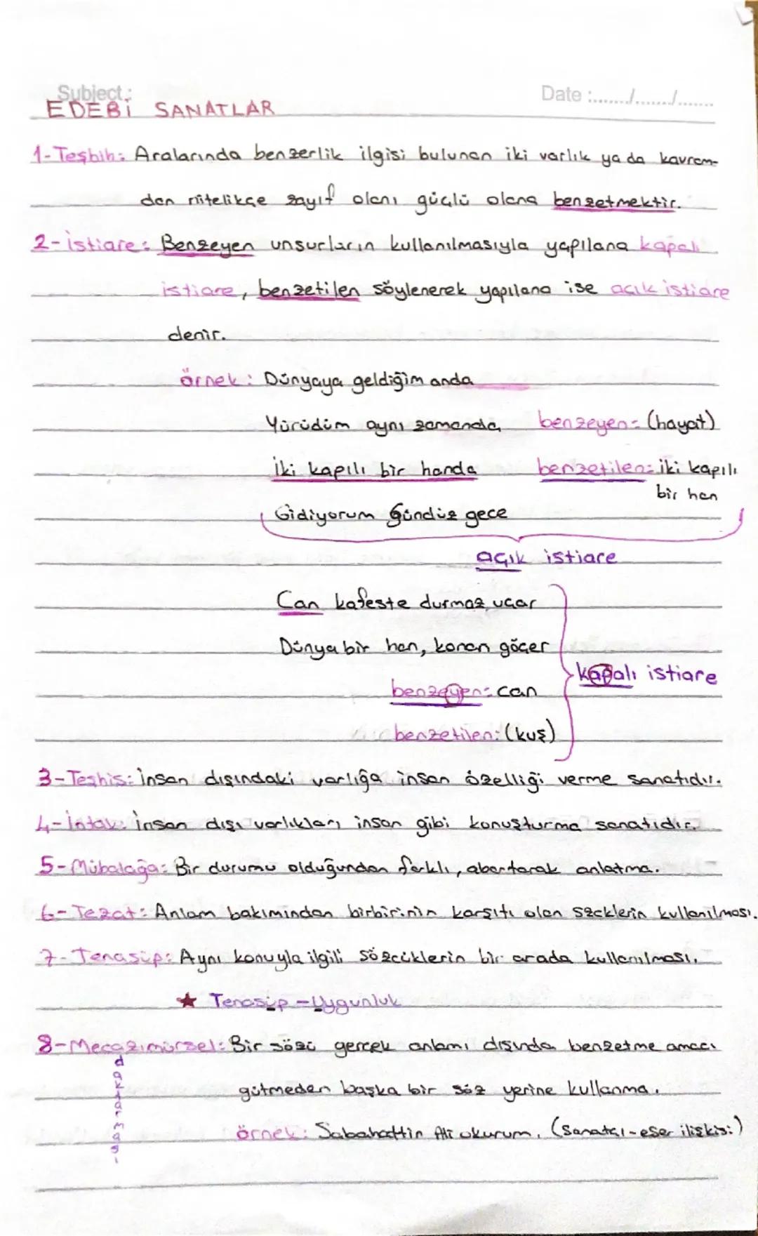 Subject:
EDEBI SANATLAR
Date ....................
1- Tesbih: Aralarında benzerlik ilgisi bulunan iki varlık ya da kavrem-
den nitelikçe sayı