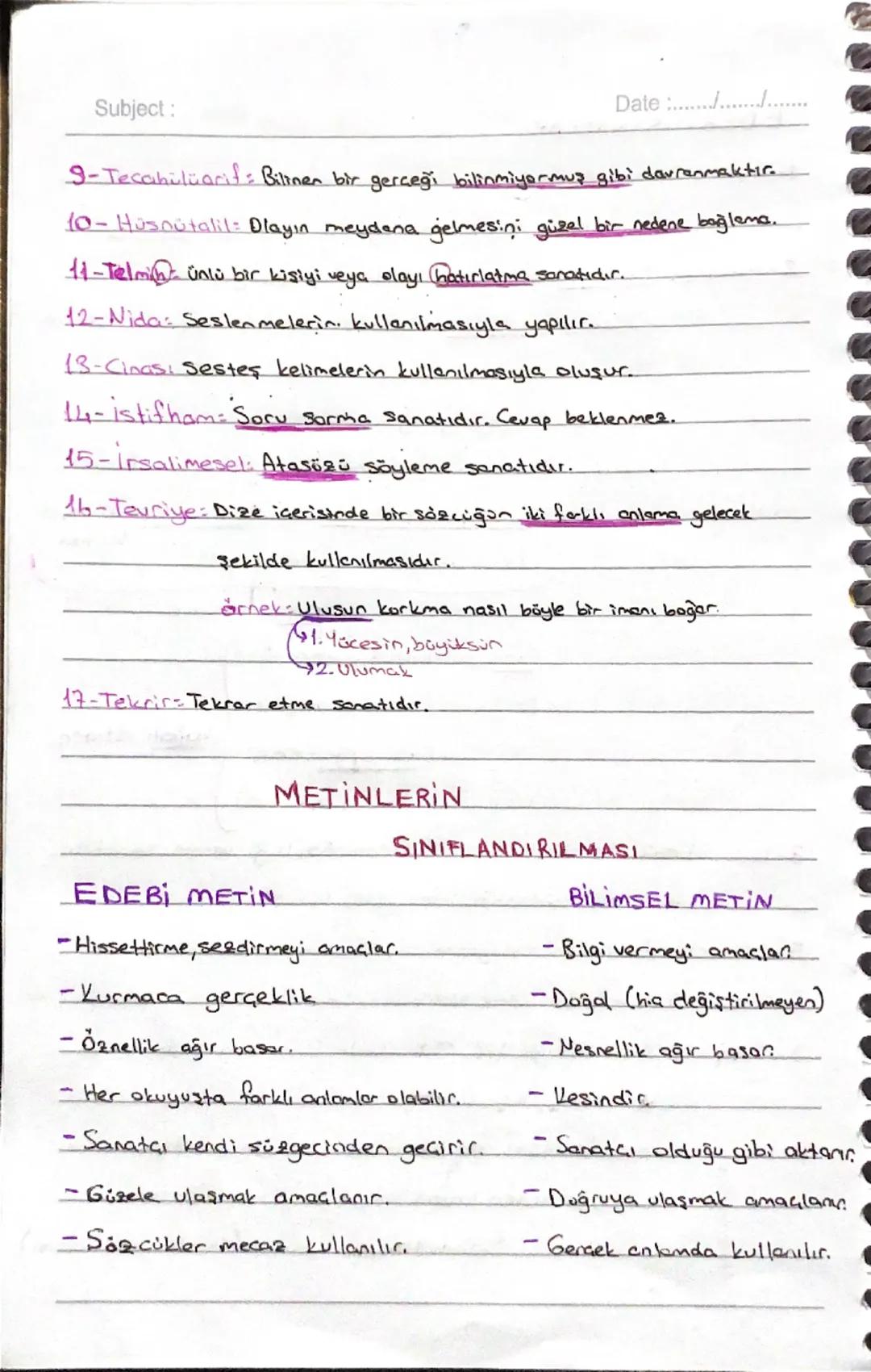 Subject:
EDEBI SANATLAR
Date ....................
1- Tesbih: Aralarında benzerlik ilgisi bulunan iki varlık ya da kavrem-
den nitelikçe sayı